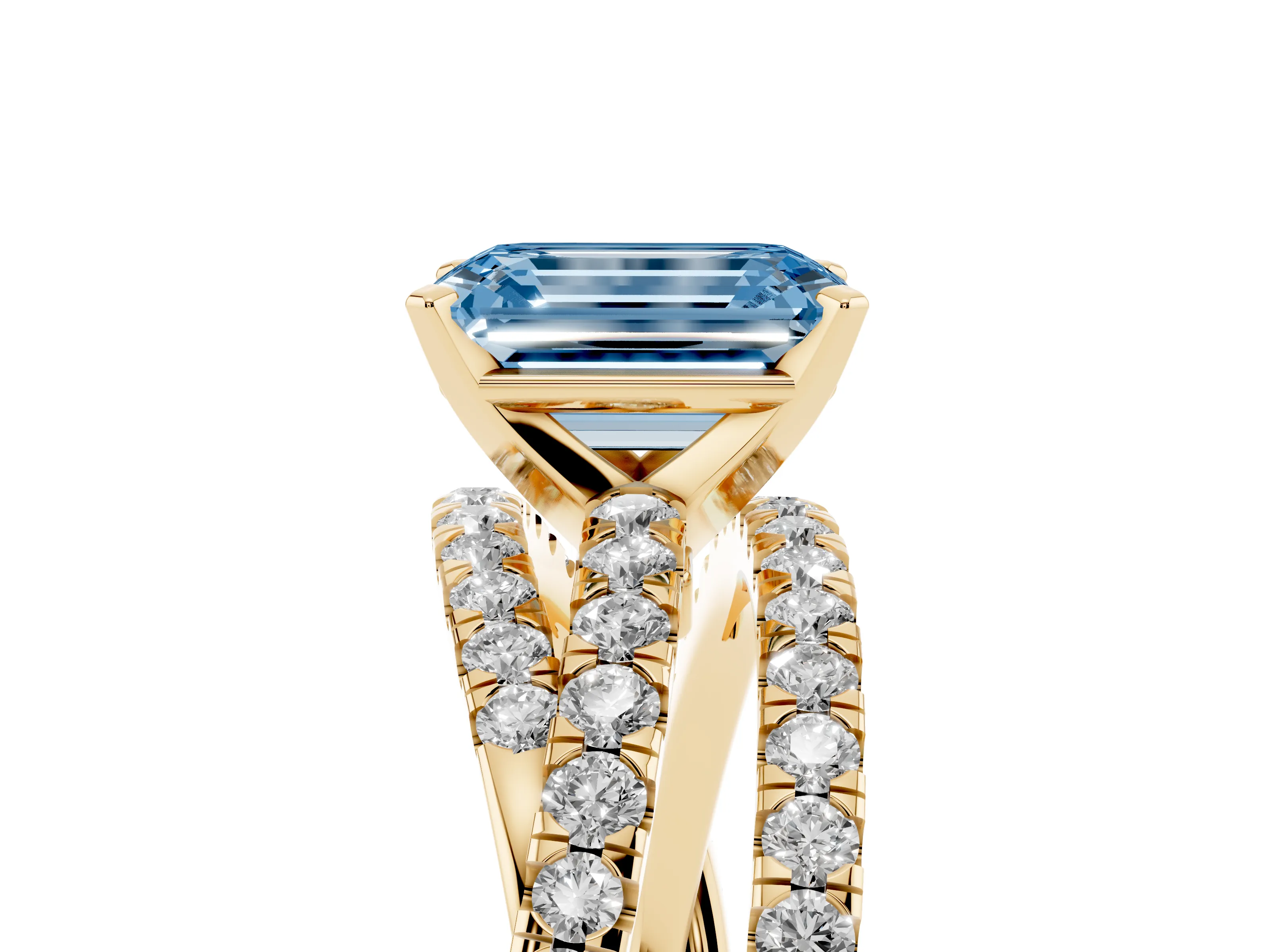 Fancy Blue Emerald Cut Diamond Solitaire Twist Band Ring Set in Yellow gold with Pavé Setting and Prong Head