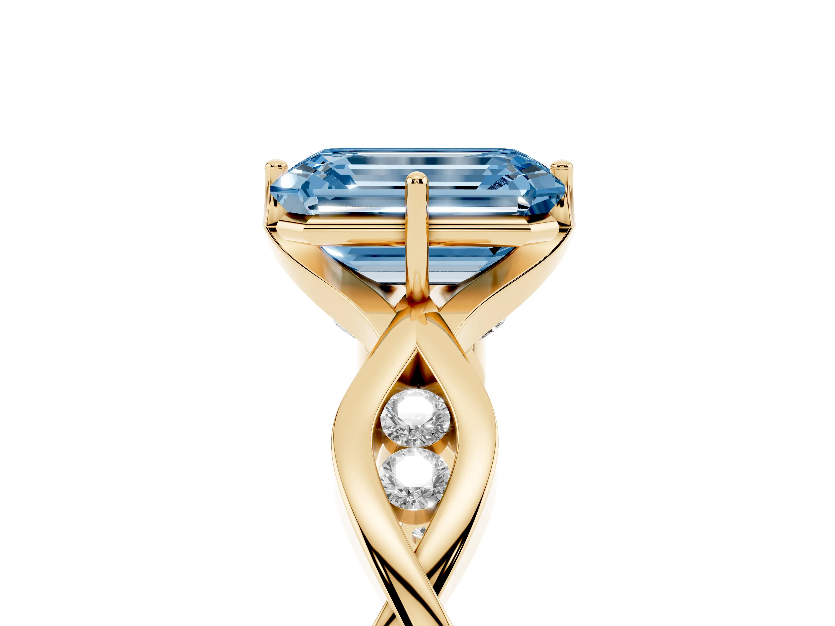 Fancy Blue Emerald Cut Diamond Twist Band Solitaire Ring Set in Yellow gold with Leaf Prong Setting and Accent Stones