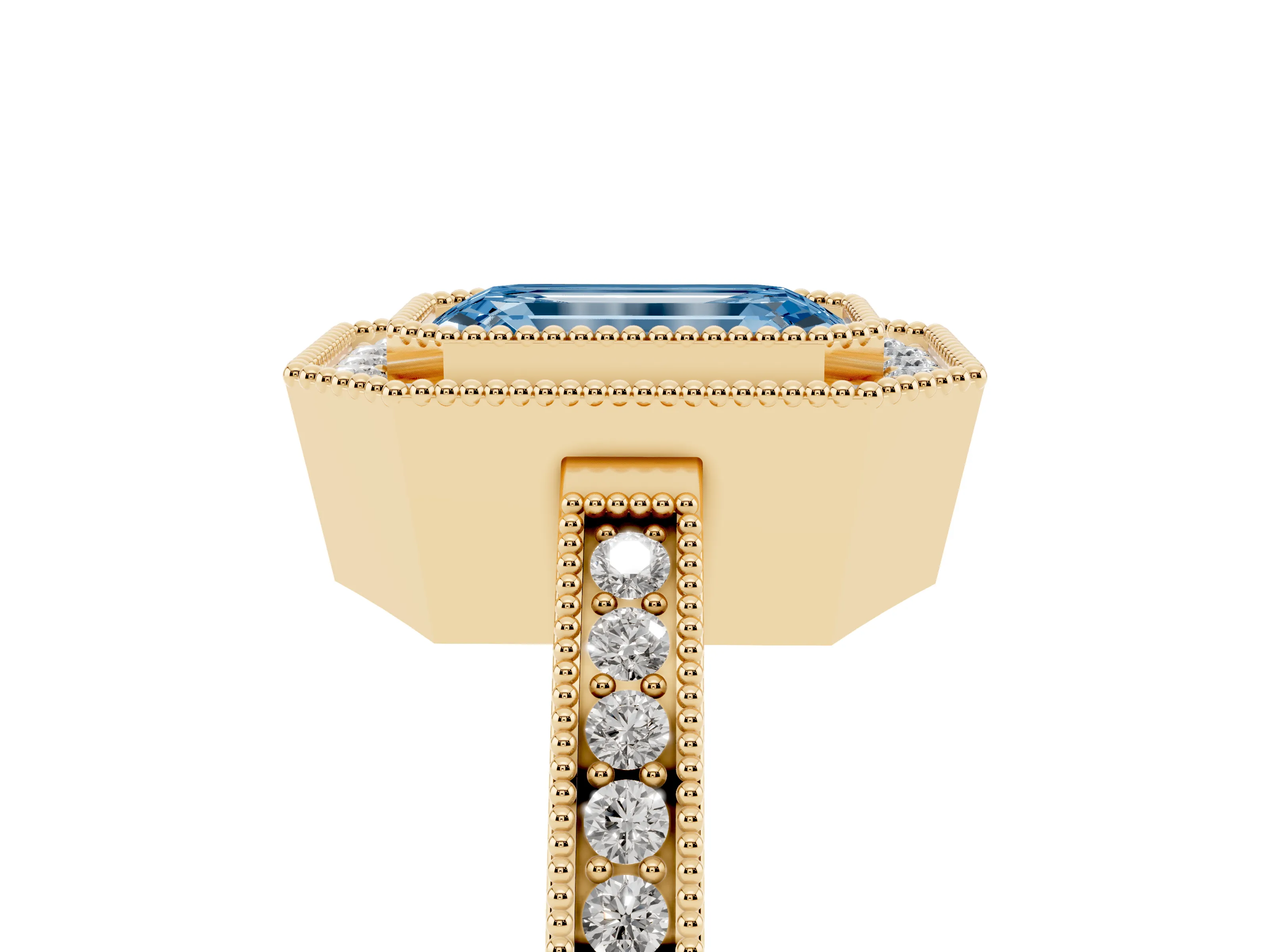 Fancy Blue Emerald Cut Diamond Halo Ring Set in Yellow gold with Pavé Band and Milgrain-Edged Prongs