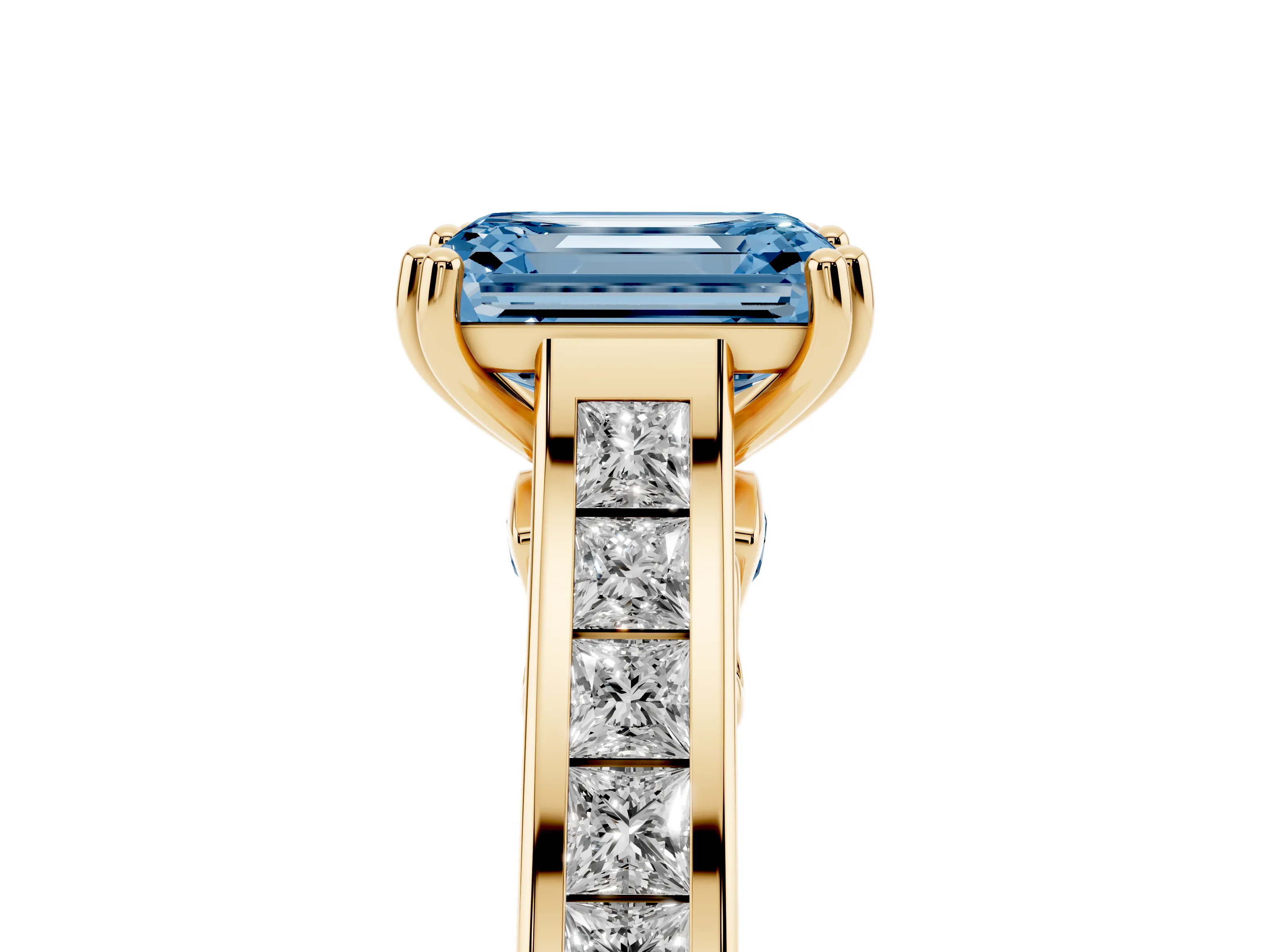 Fancy Blue Emerald Cut Diamond Channel Set Solitaire Engagement Ring Set in Yellow gold with Prong Setting