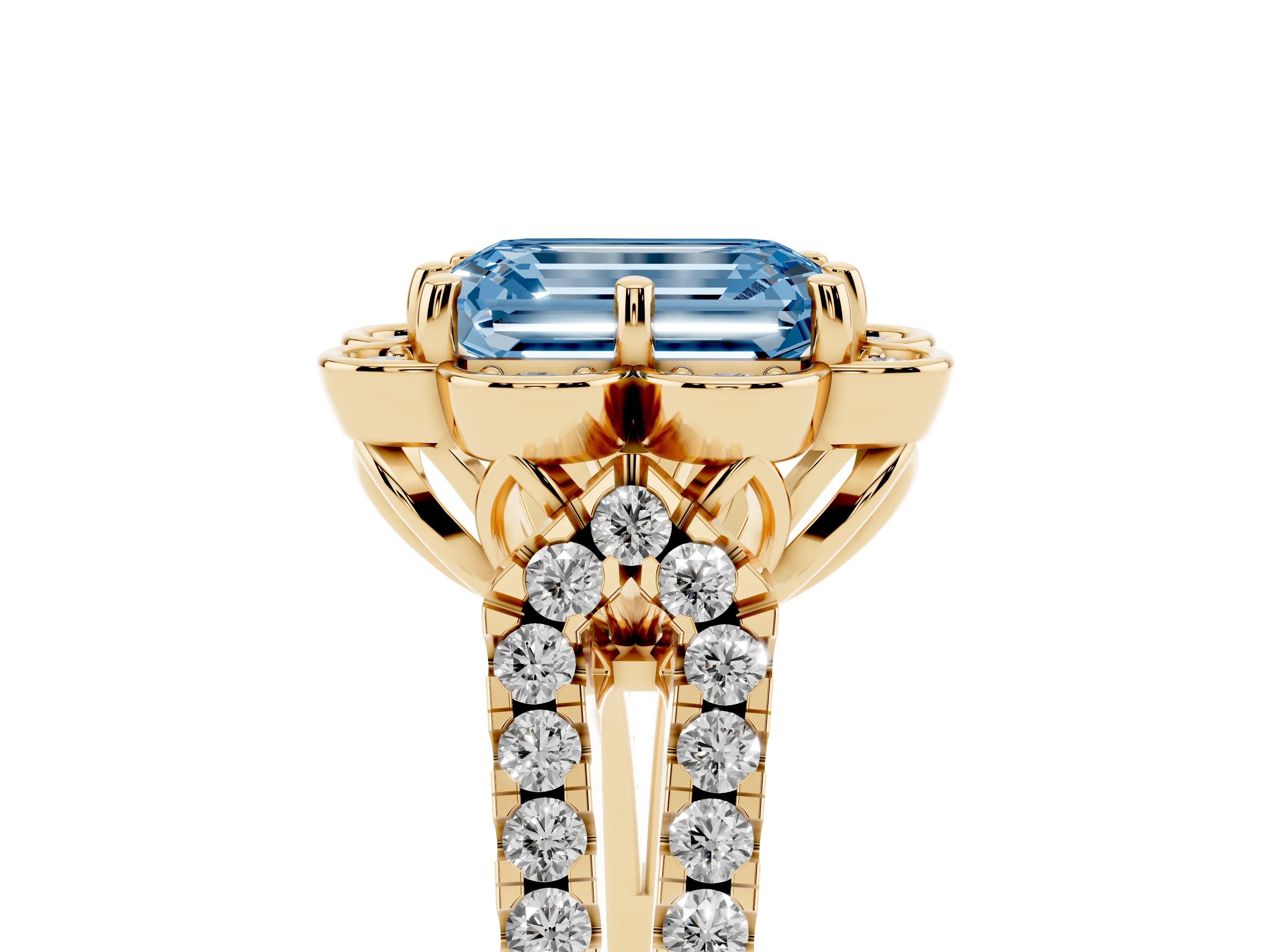 Fancy Blue Emerald Cut Diamond Floral Halo Split Shank Engagement Ring Set in Yellow gold with Pavé Shank