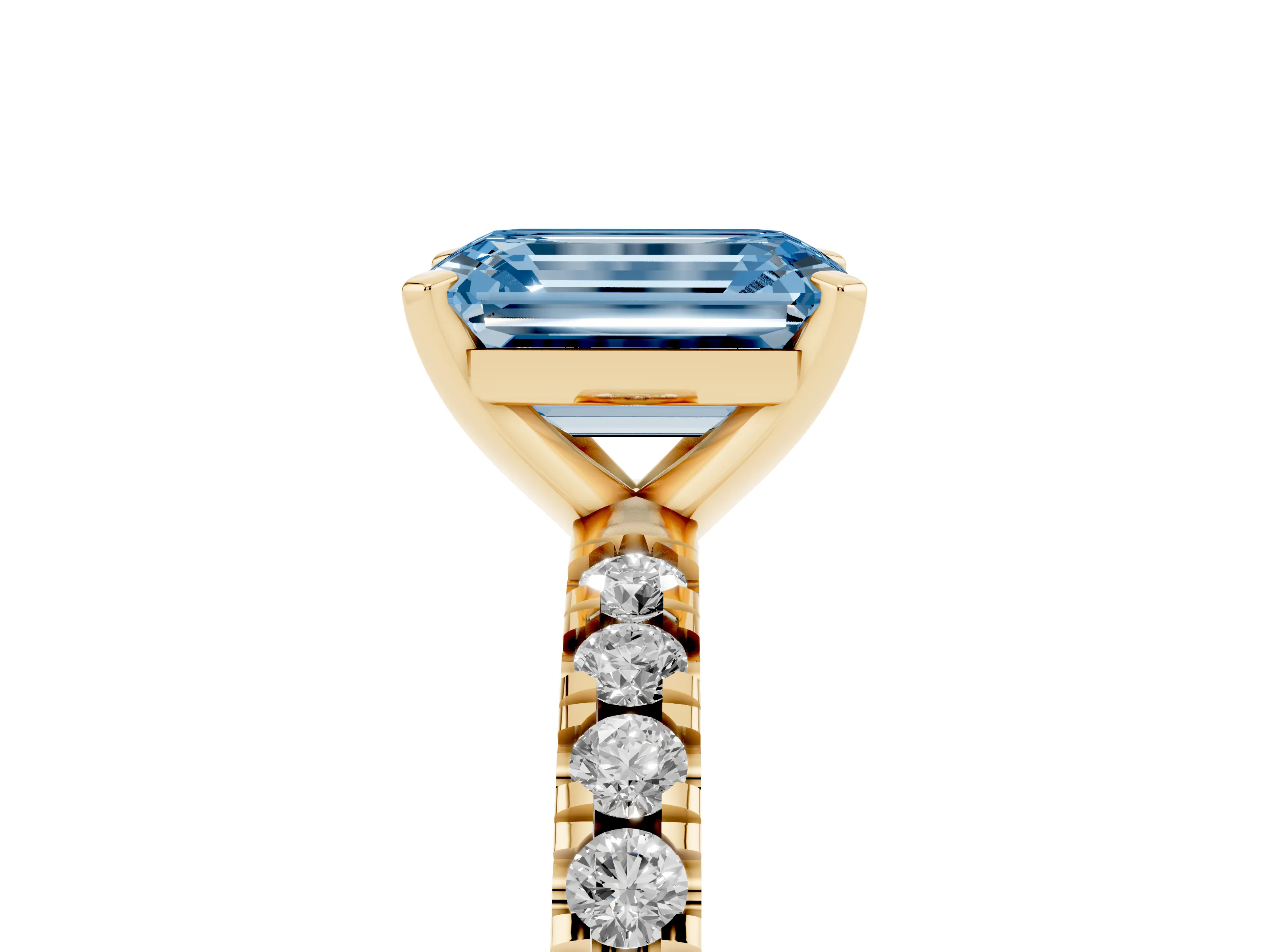 Fancy Blue Emerald Cut Diamond Pavé Band Solitaire Set in Yellow gold with Prong Setting