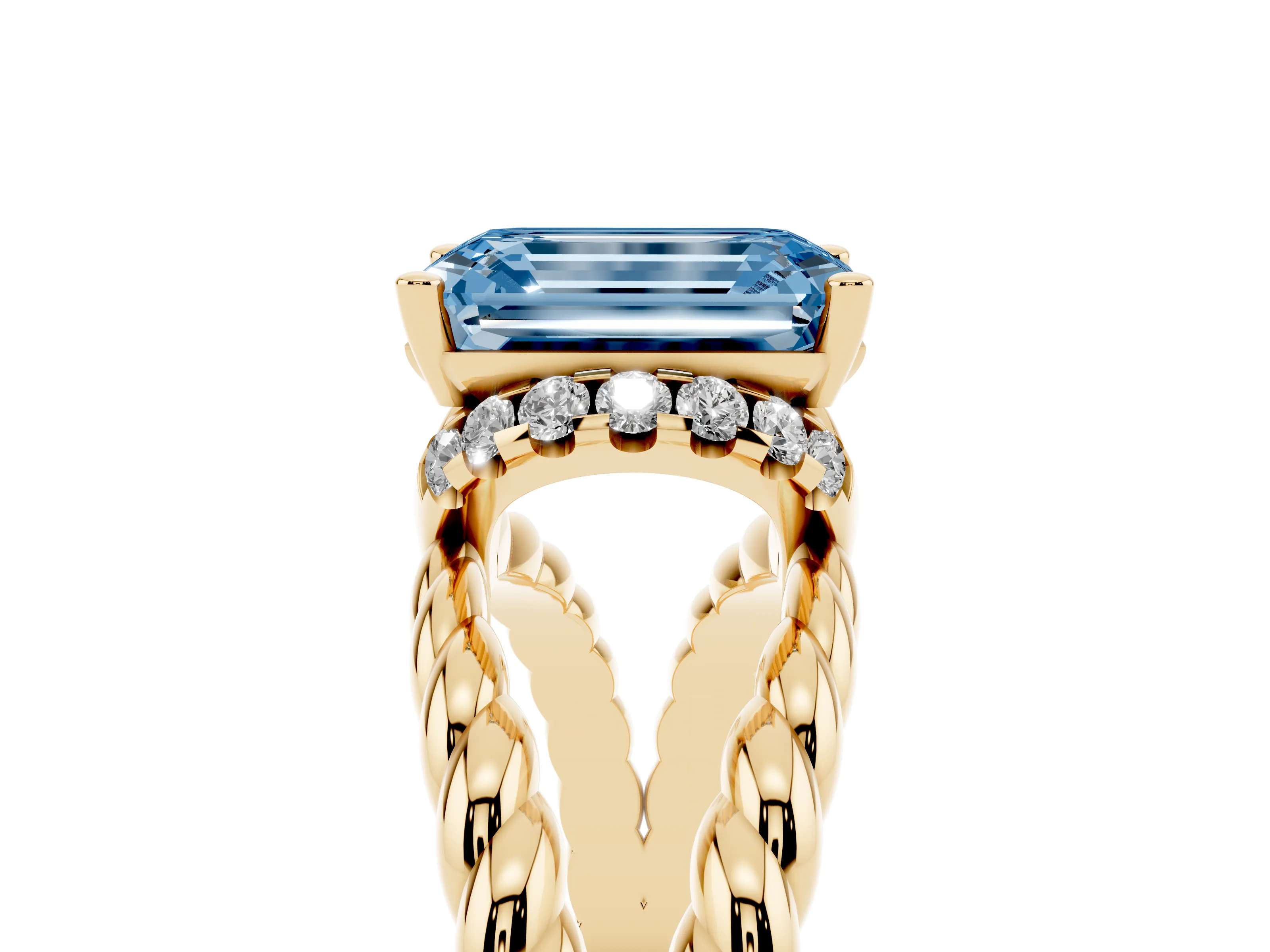 Fancy Blue Emerald Cut Diamond Halo Ring Set in Yellow gold with Twisted Band and Prong Setting