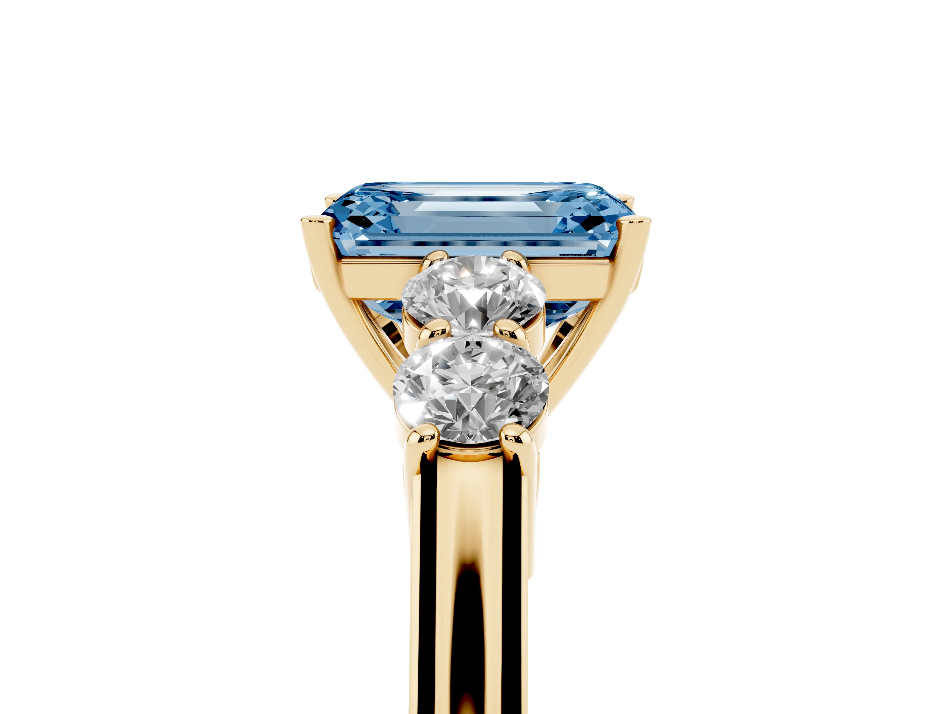 Fancy Blue Emerald Cut Diamond Five-Stone Prong Set Band Ring Set in Yellow gold with Polished Band