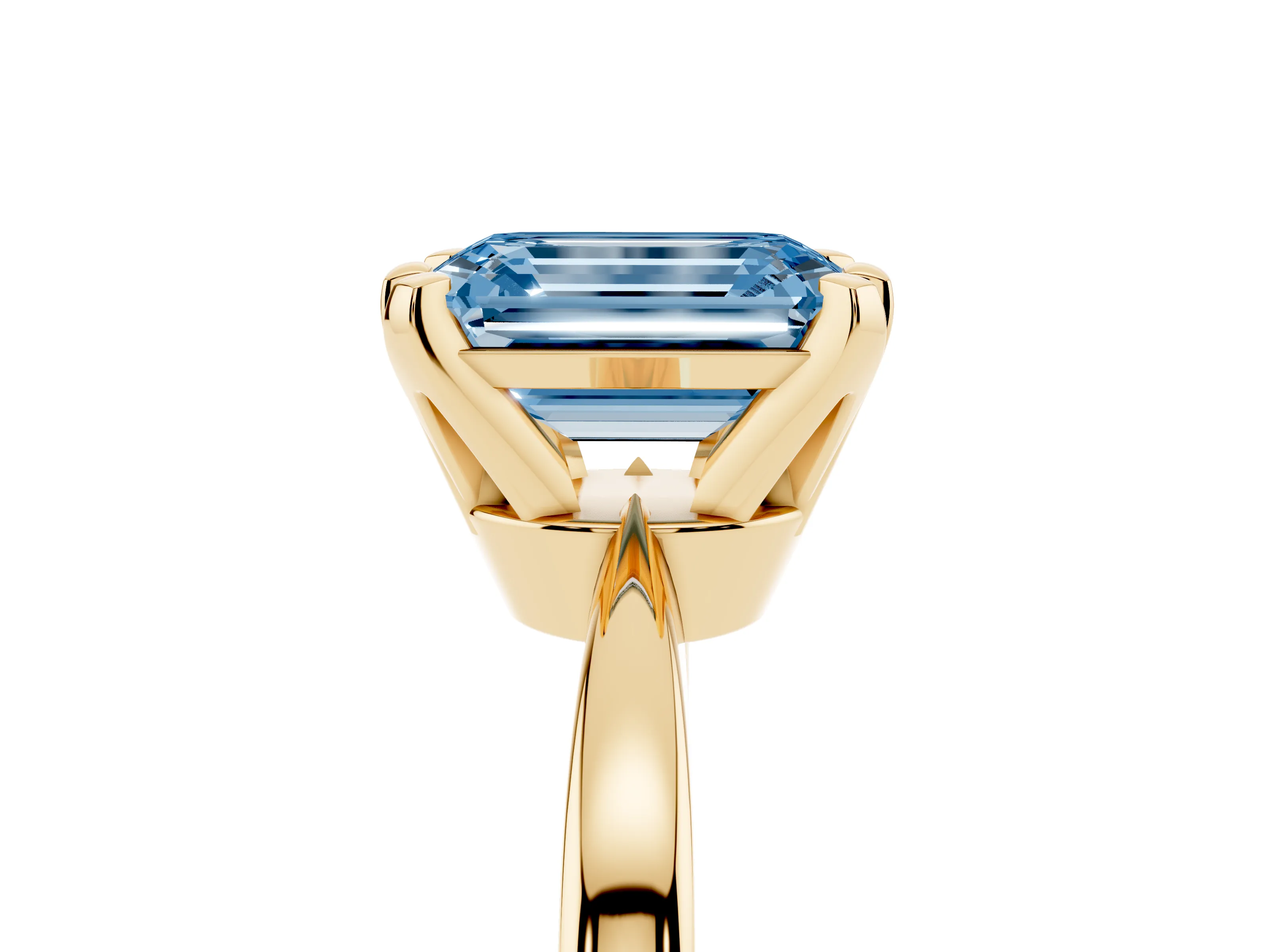 Fancy Blue Emerald Cut Diamond Solitaire Engagement Ring Set in Yellow gold with Slim Tapered Solitaire Band