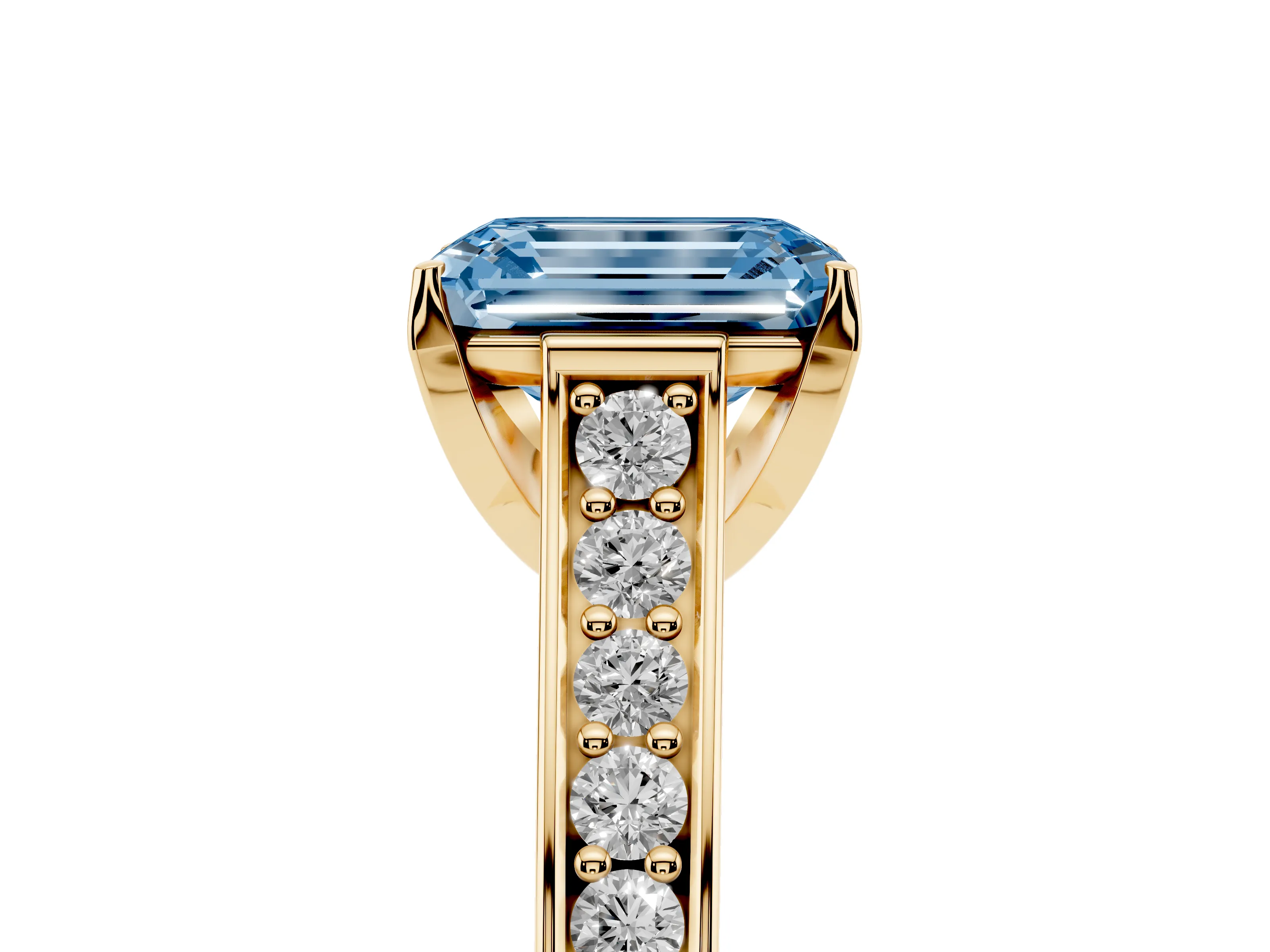 Fancy Blue Emerald Cut Diamond Solitaire Pavé Engagement Ring Set in Yellow gold with Prong Setting