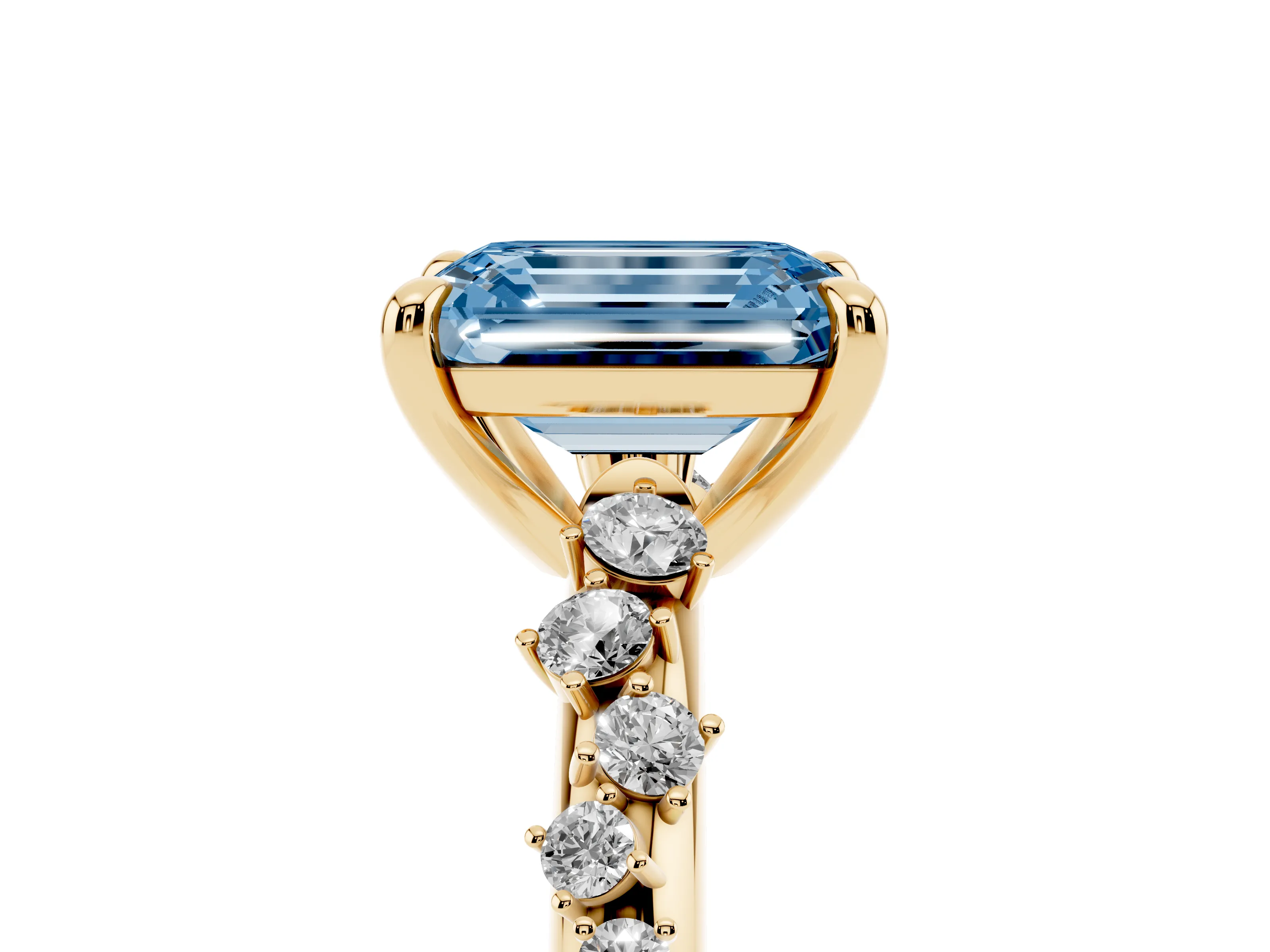 Fancy Blue Emerald Cut Diamond Solitaire Vine Band Ring Set in Yellow gold with Round Accents and Prong Setting