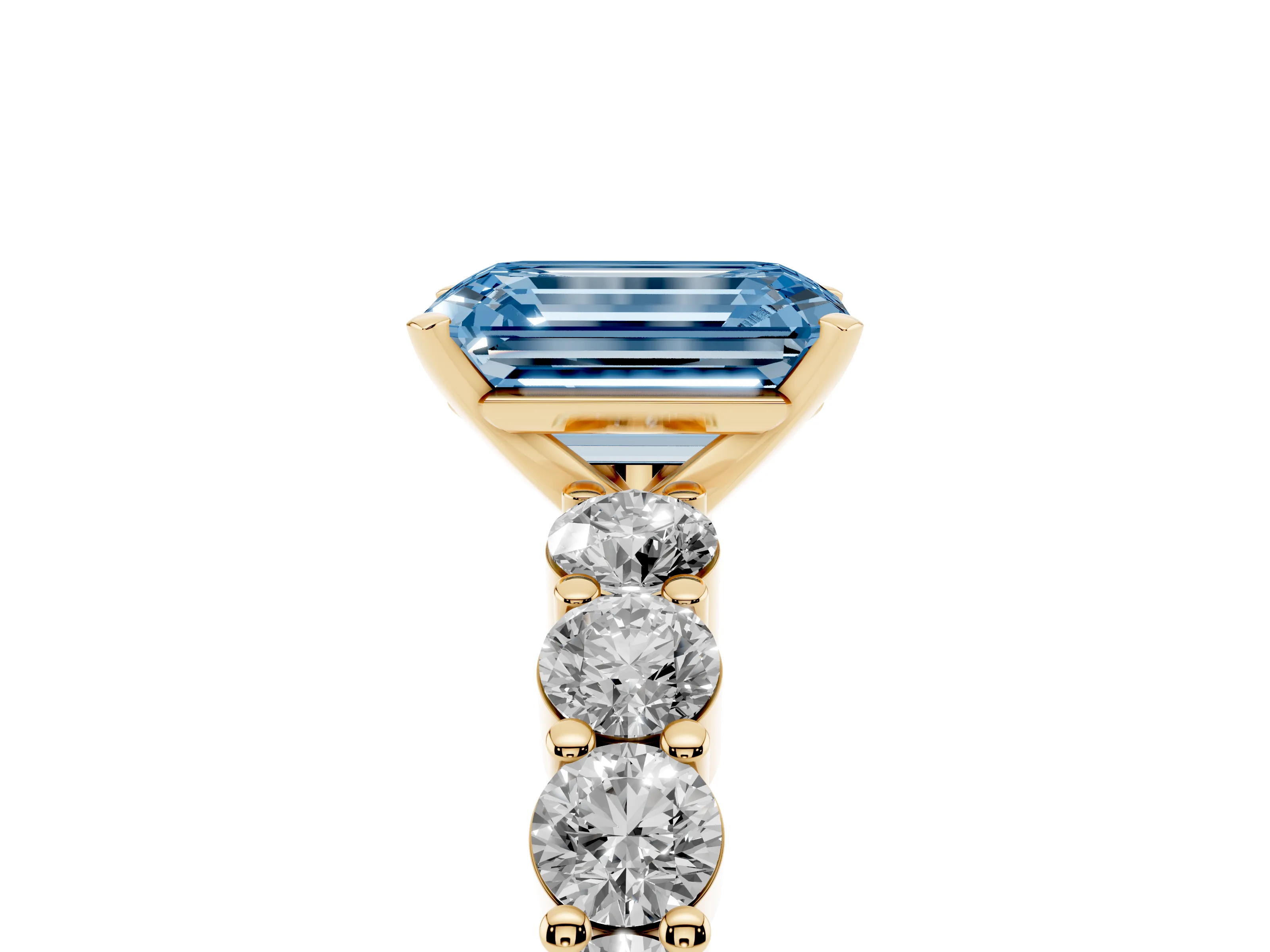 Fancy Blue Emerald Cut Diamond Solitaire Ring Set in Yellow gold with Shared Prong Round Side Stones
