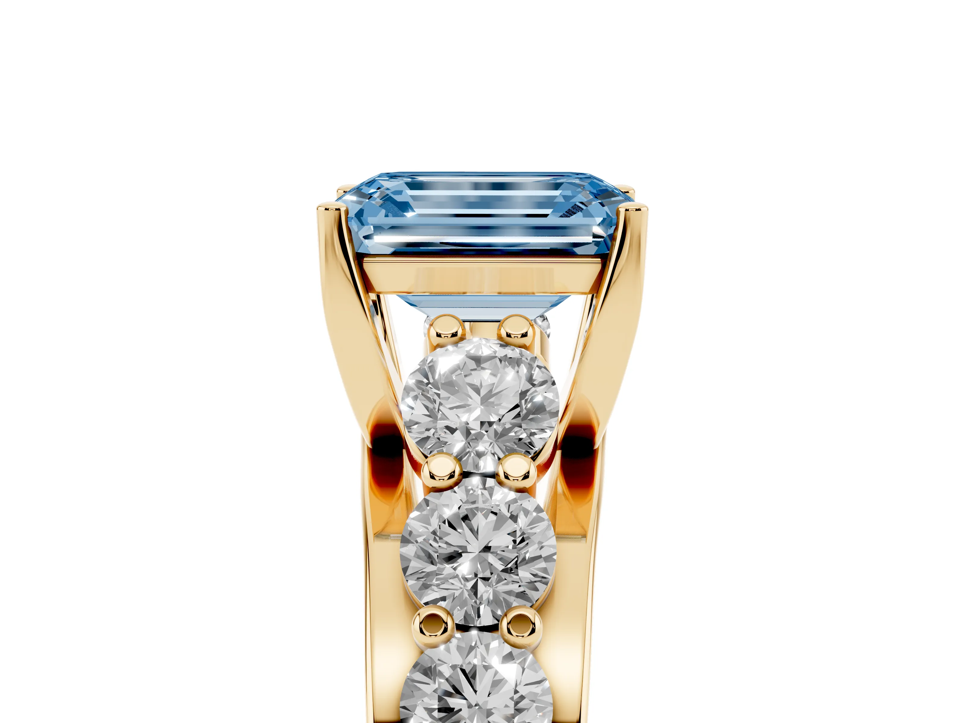Fancy Blue Emerald Cut Diamond Pavé Engagement Ring Set in Yellow gold with Prong Setting