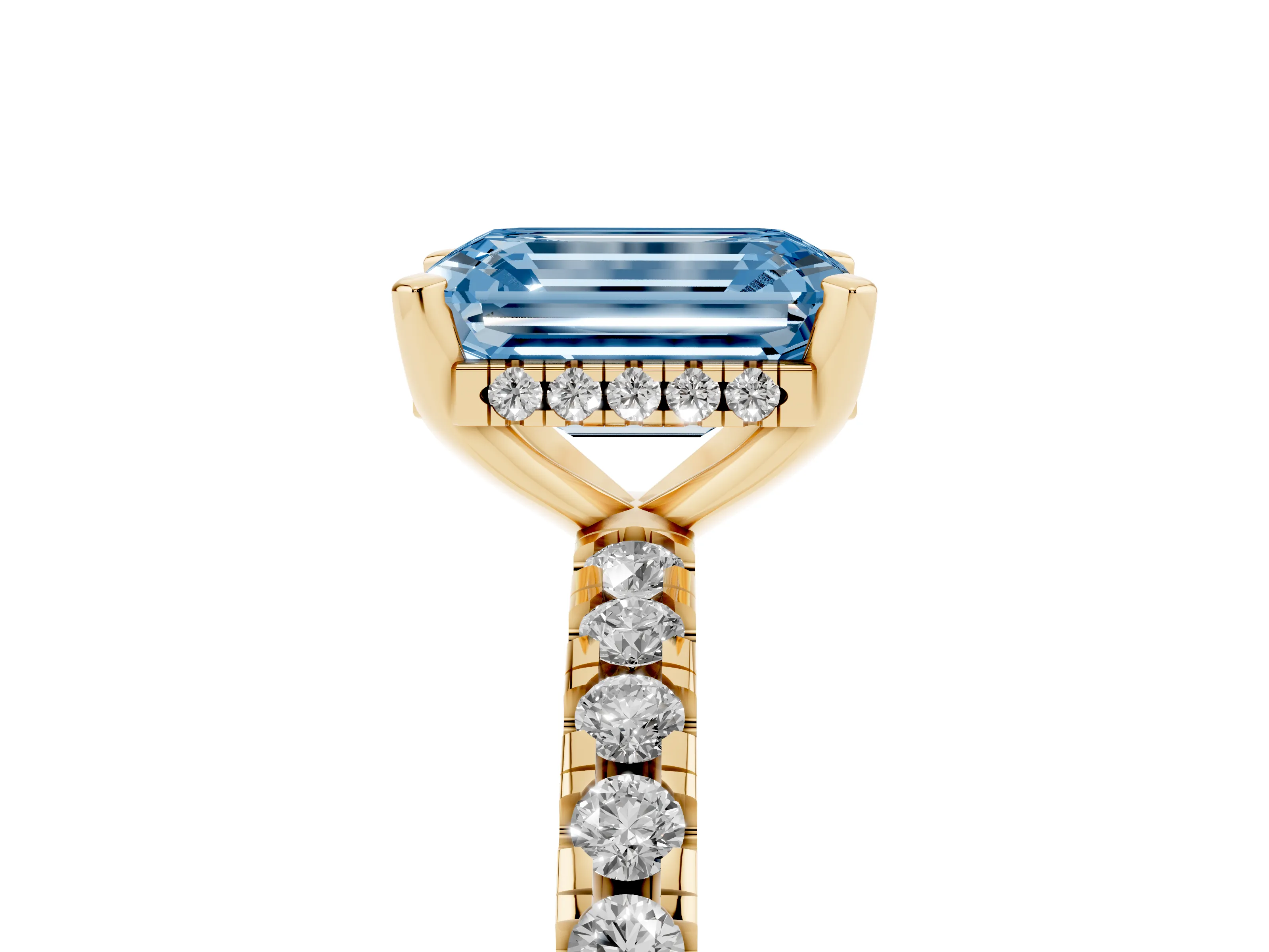 Fancy Blue Emerald Cut Diamond Pavé Solitaire Ring Set in Yellow gold with Round Band Accents and Prong Setting