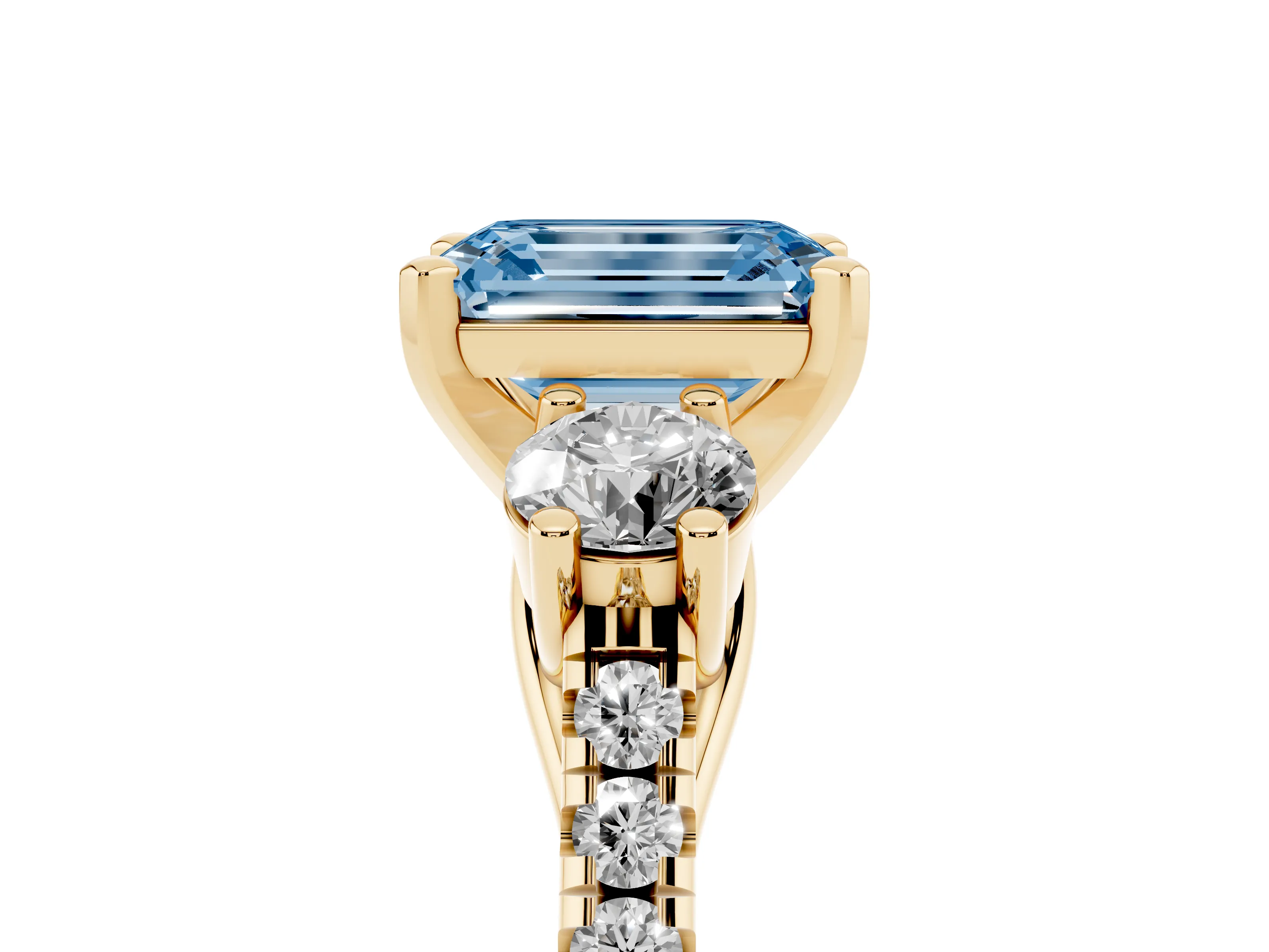 Fancy Blue Three-Stone Emerald Cut Diamond Pavé Band Ring Set in Yellow gold with Prong-Set Trio