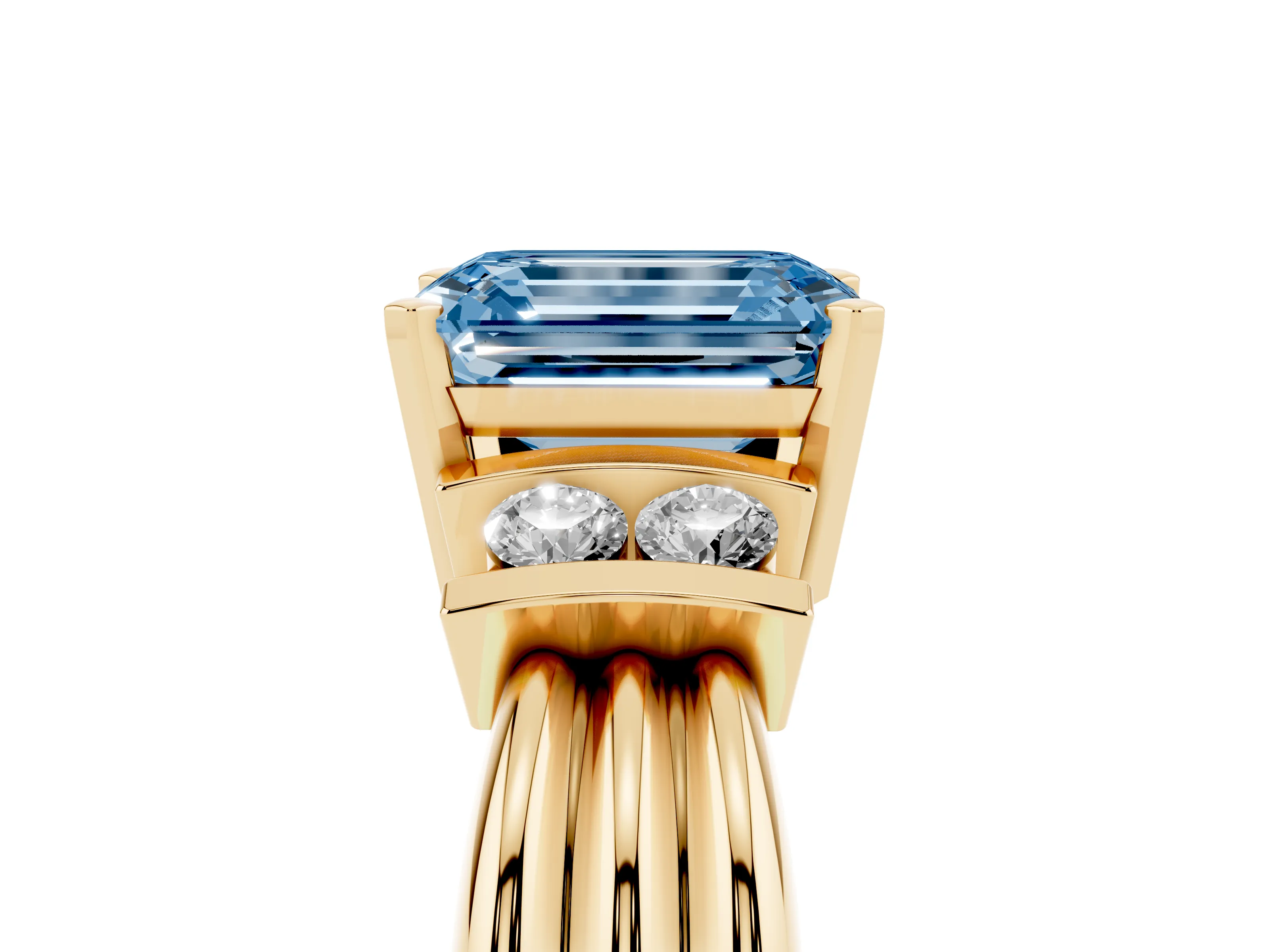 Fancy Blue Three-Stone Emerald Cut Diamond Channel Set Ring Set in Yellow gold with Bar Prongs