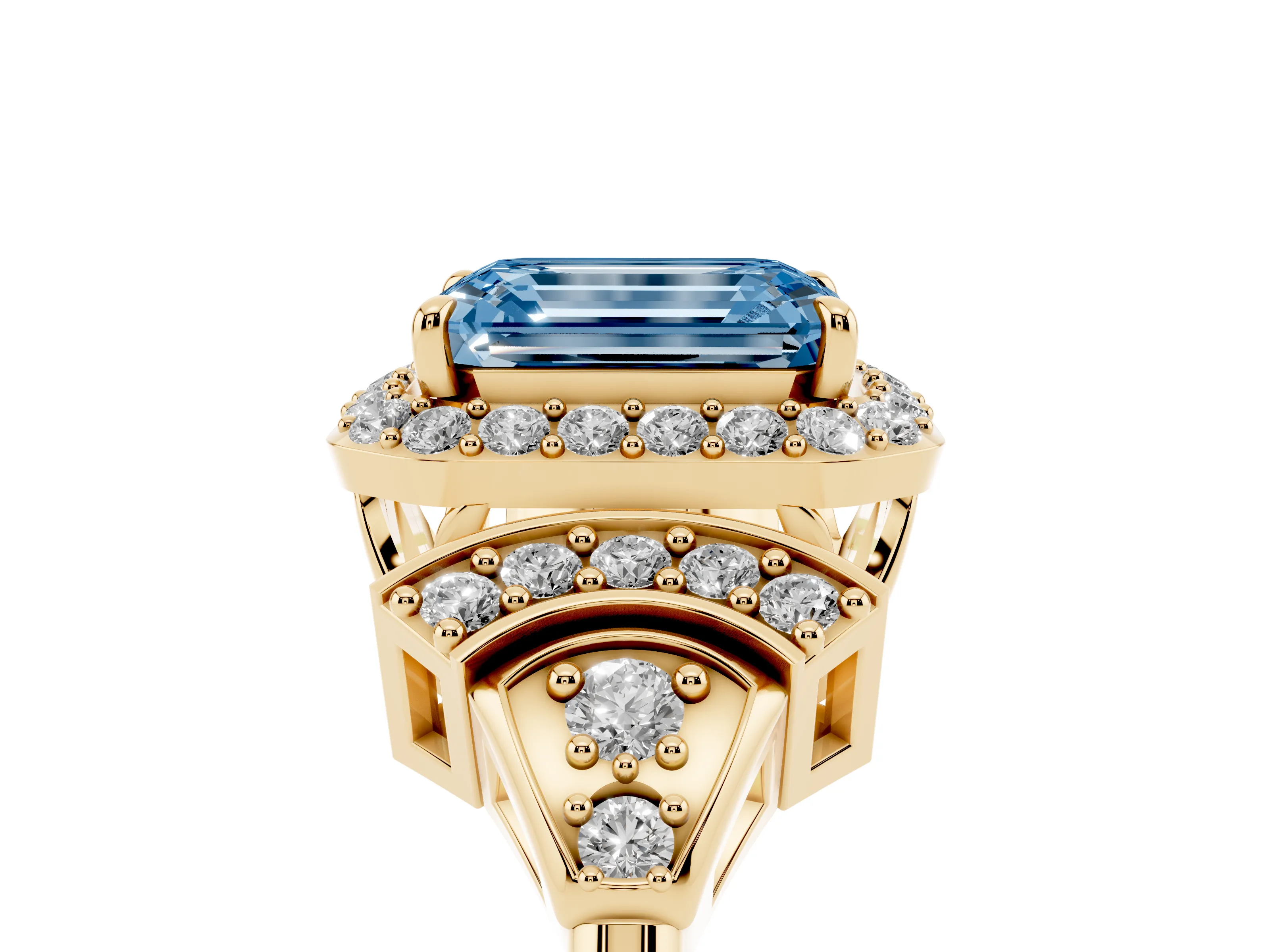 Fancy Blue Emerald Cut Diamond Halo Engagement Ring Set in Yellow gold with Accent Stone Split Shank