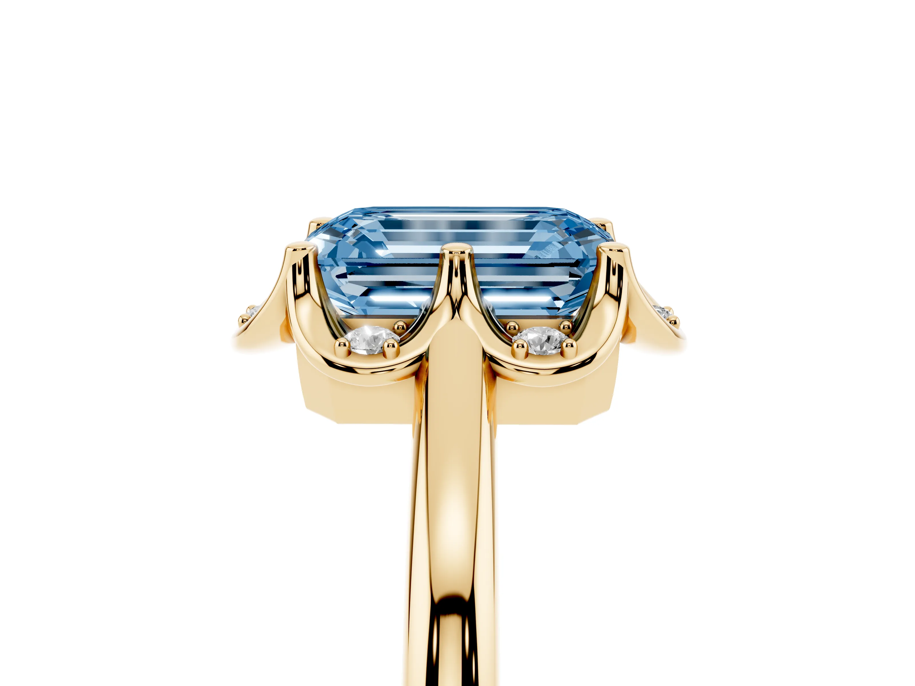 Fancy Blue Emerald Cut Diamond Round Cluster Halo Ring Set in Yellow gold with Solitaire Band and Prong Setting