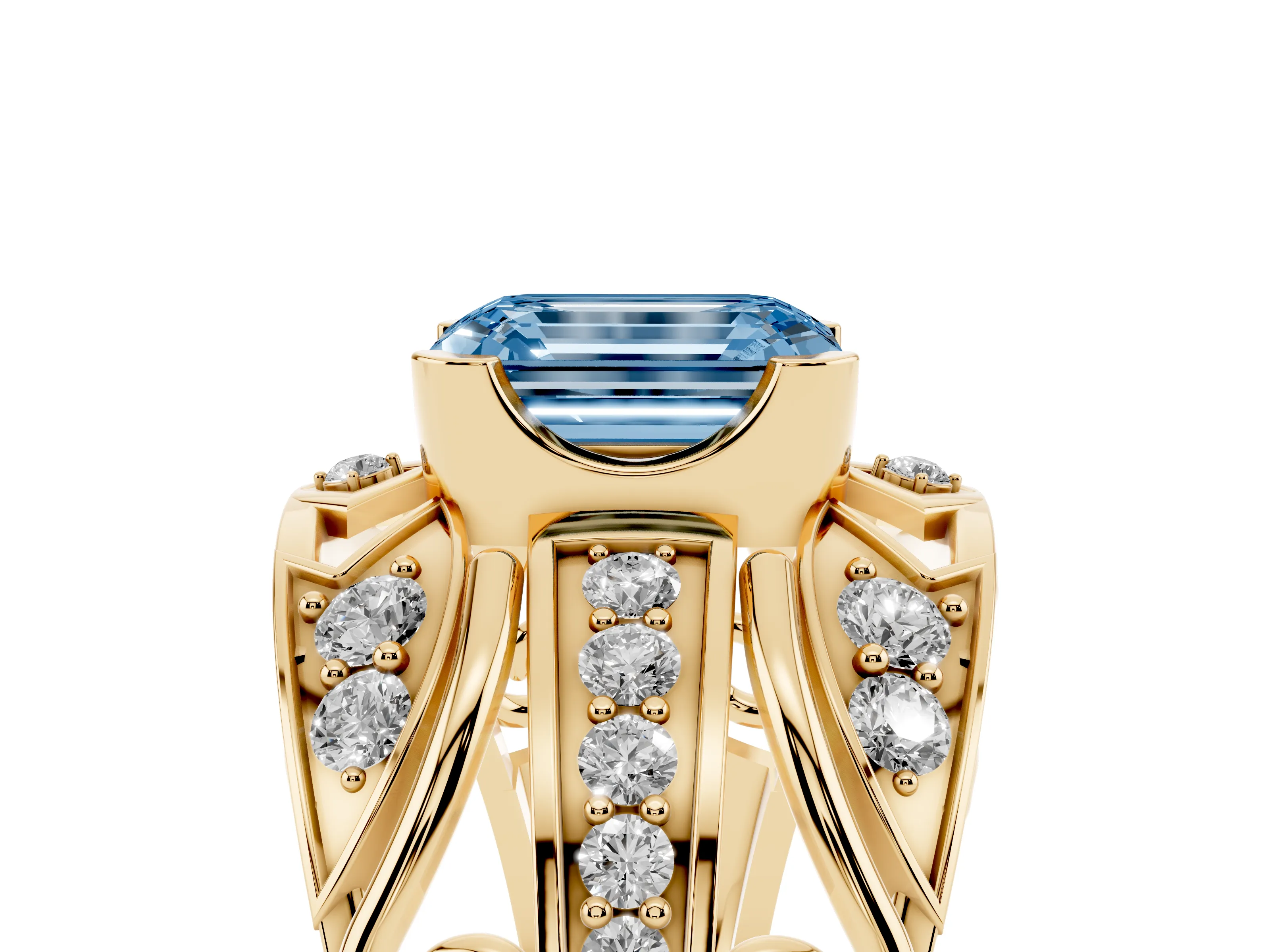 Fancy Blue Emerald Cut Diamond Art Deco Ring Set in Yellow gold with Pavé Split Shank