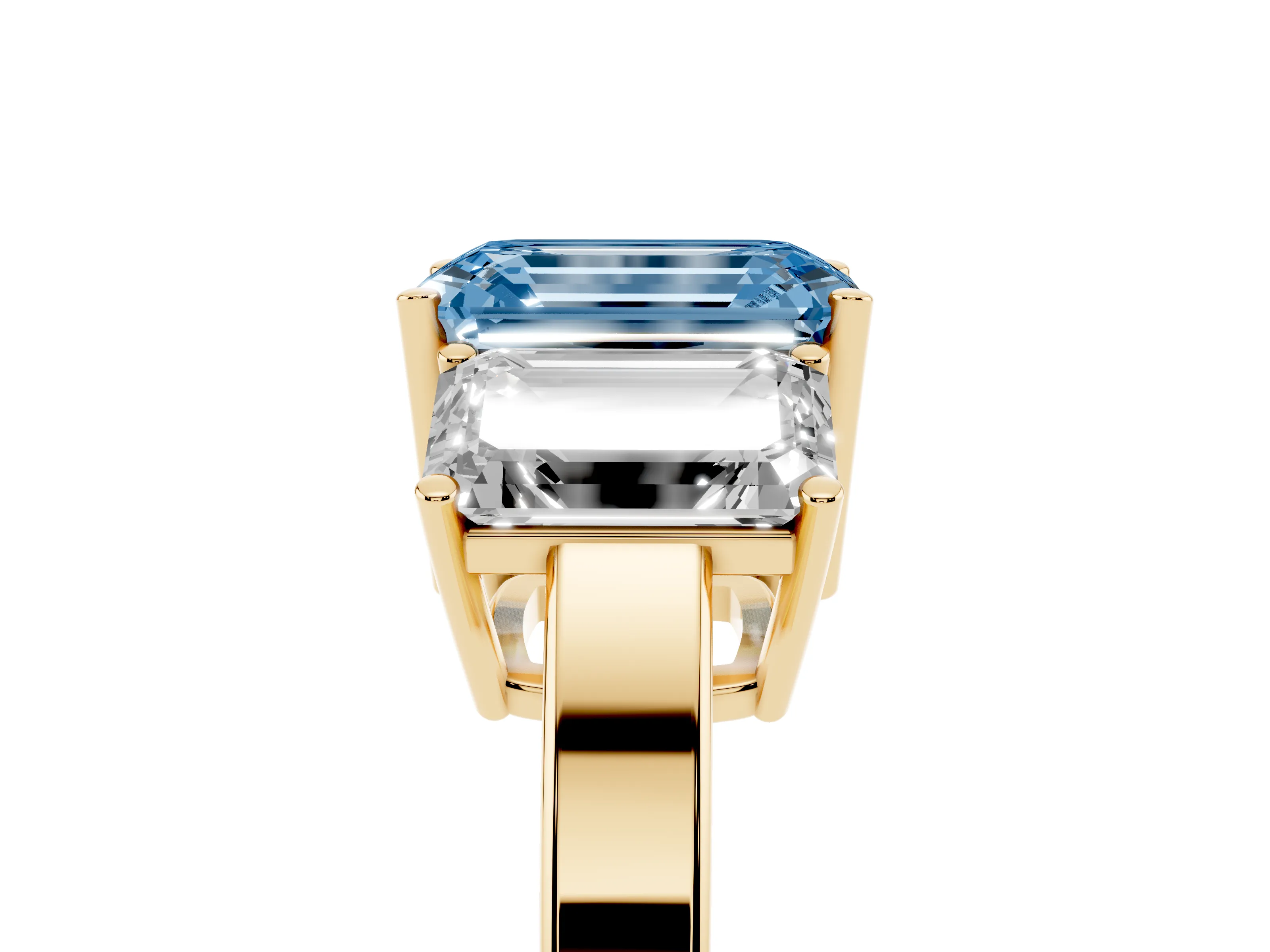 Fancy Blue Emerald Cut Diamond Three-Stone Engagement Ring Set in Yellow gold with Flat Band