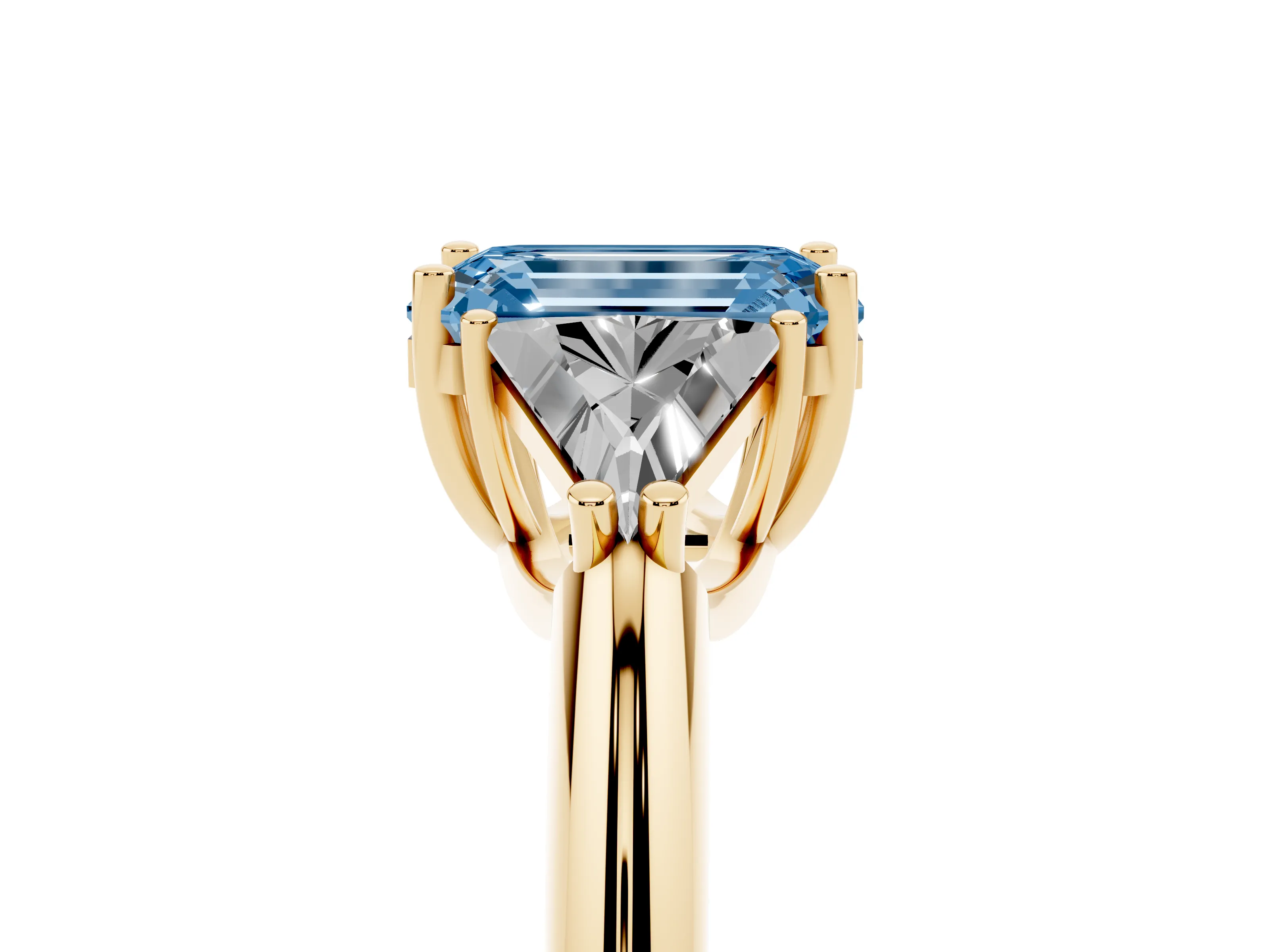 Fancy Blue Emerald Cut Diamond Three-Stone Engagement Ring Set in Yellow gold with Trillion Side Stones