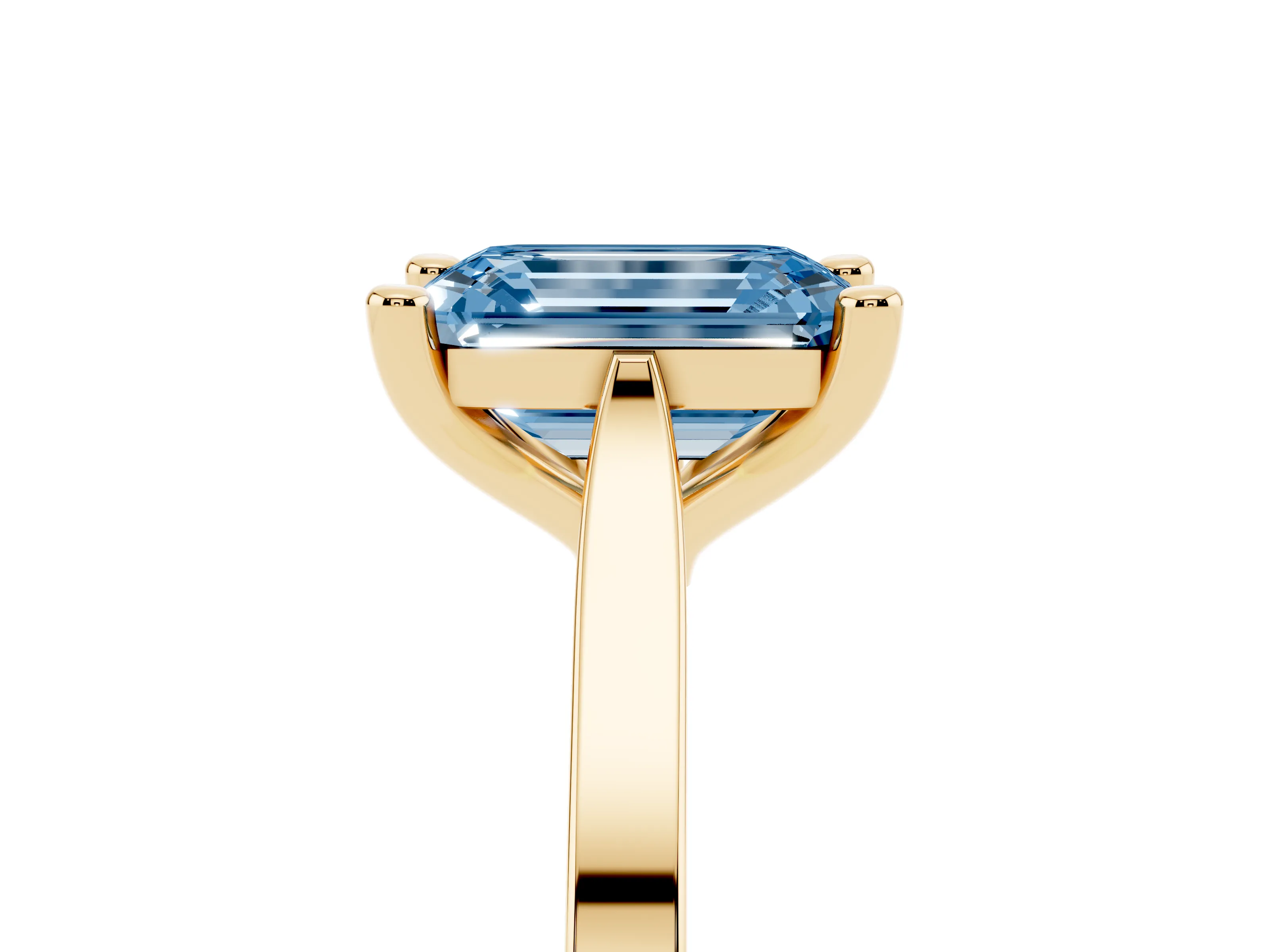 Fancy Blue Emerald Cut Diamond Solitaire Ring Set in Yellow gold with Prong Setting and Tapered Band