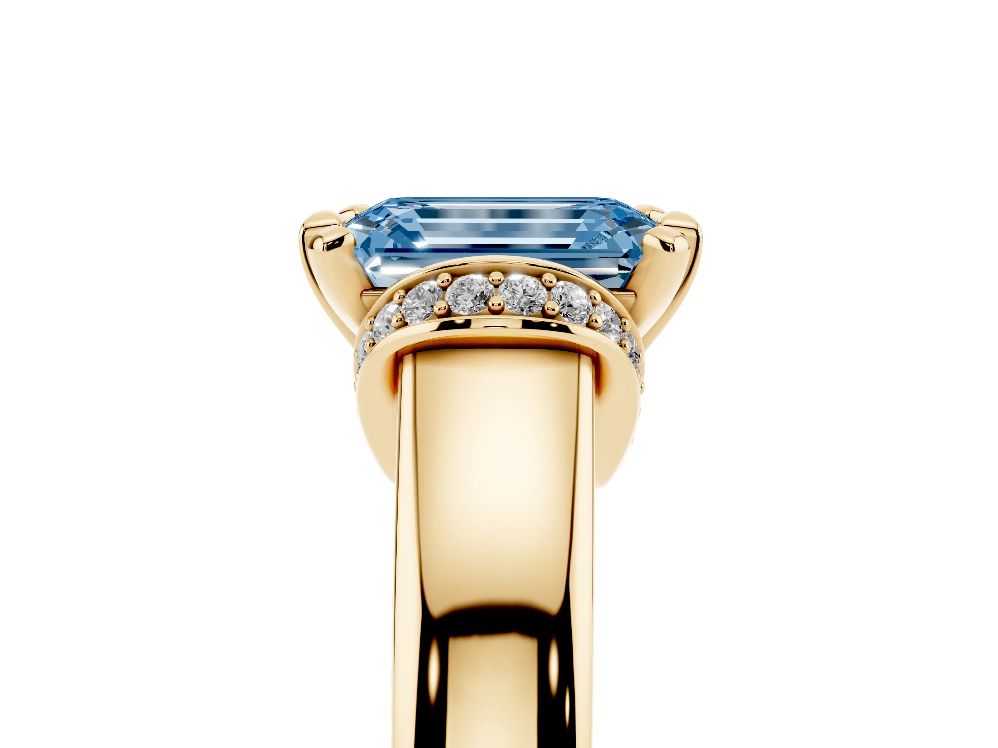 Fancy Blue Emerald Cut Diamond Pavé Band Solitaire Ring Set in Yellow gold with Prong Setting