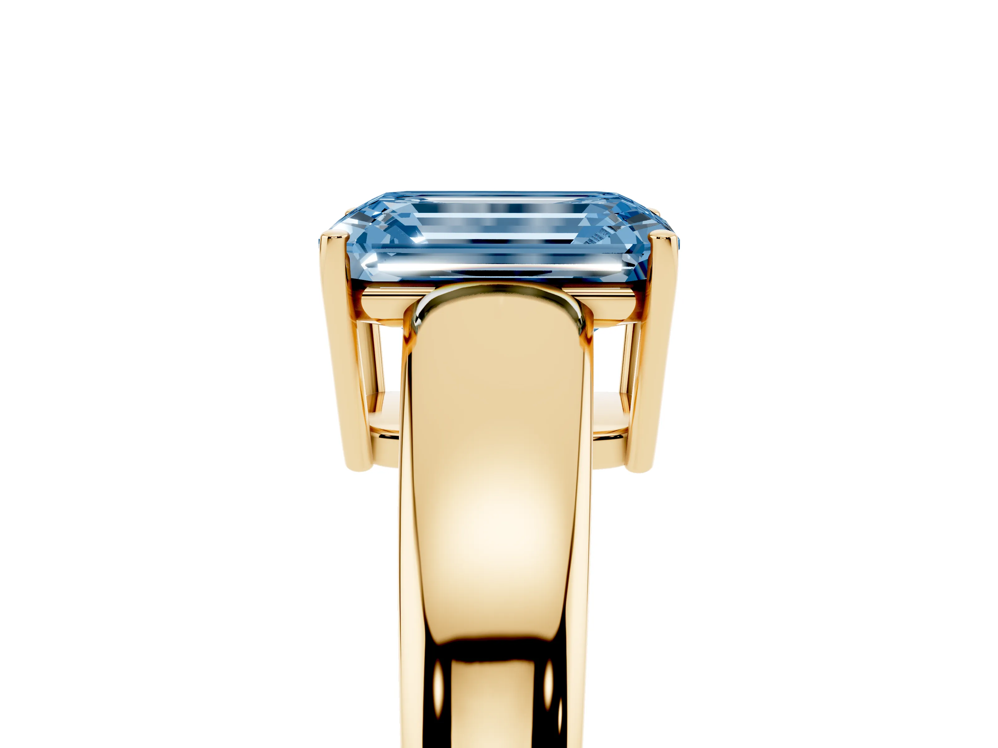 Fancy Blue Emerald Cut Diamond Solitaire Ring Set in Yellow gold with Tapered Band and Prong Setting