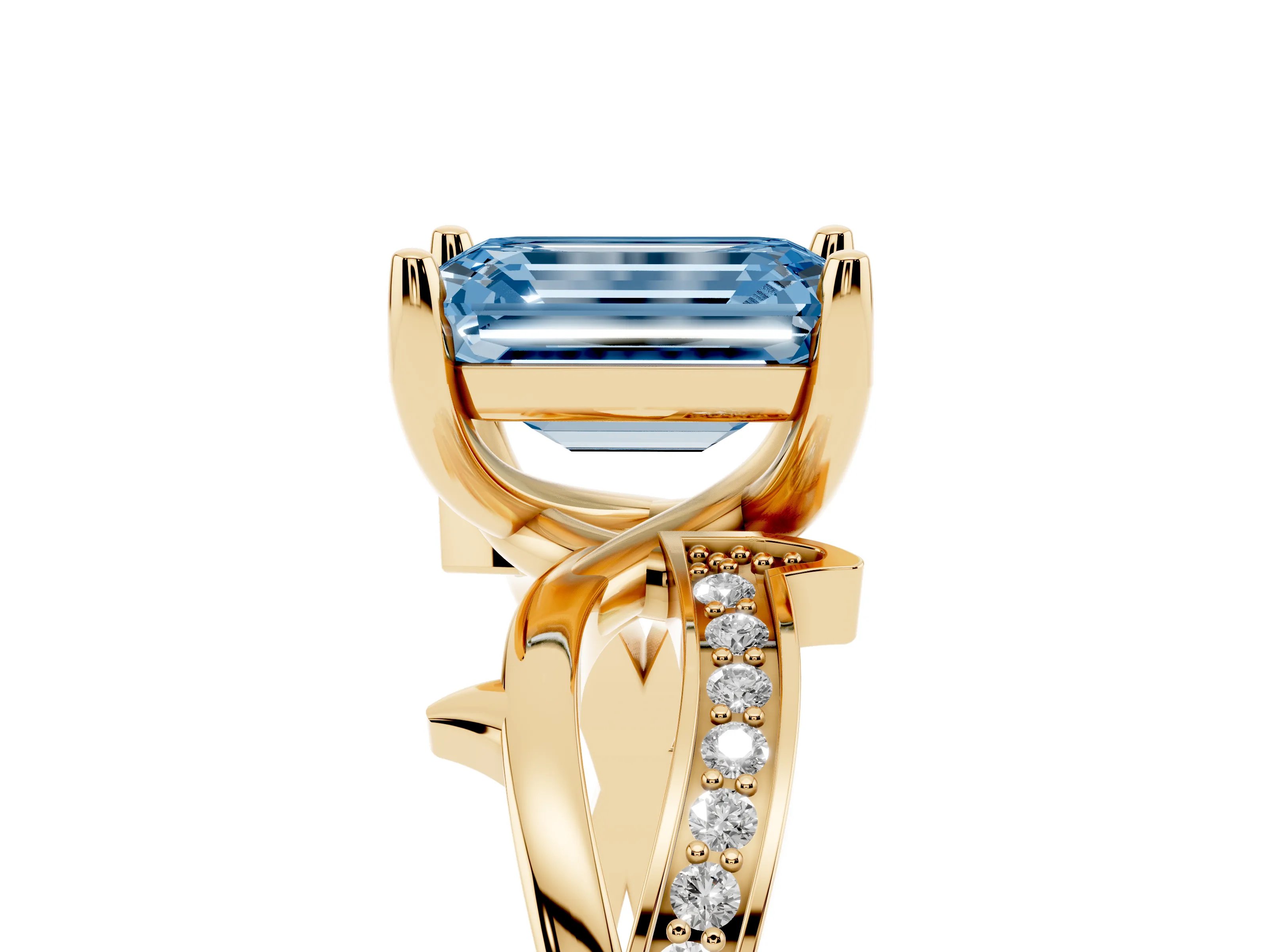 Fancy Blue Emerald Cut Diamond Pavé Twist Band Solitaire Ring Set in Yellow gold with Prong Setting