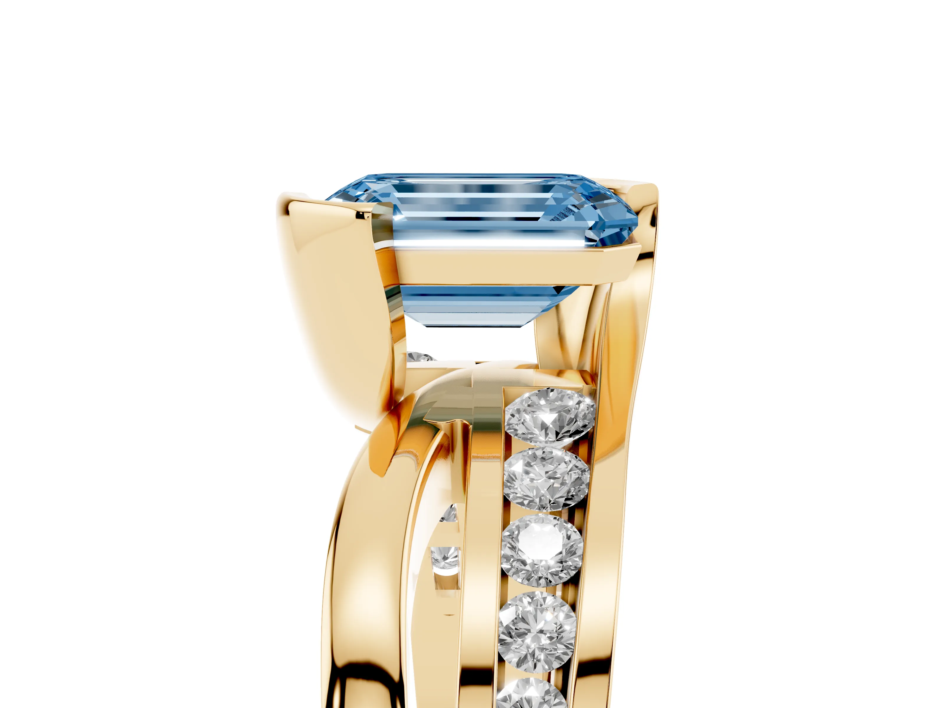 Fancy Blue Emerald Cut Diamond Solitaire Ring Set in Yellow gold with Channel Set Split Shank and Tension Prongs