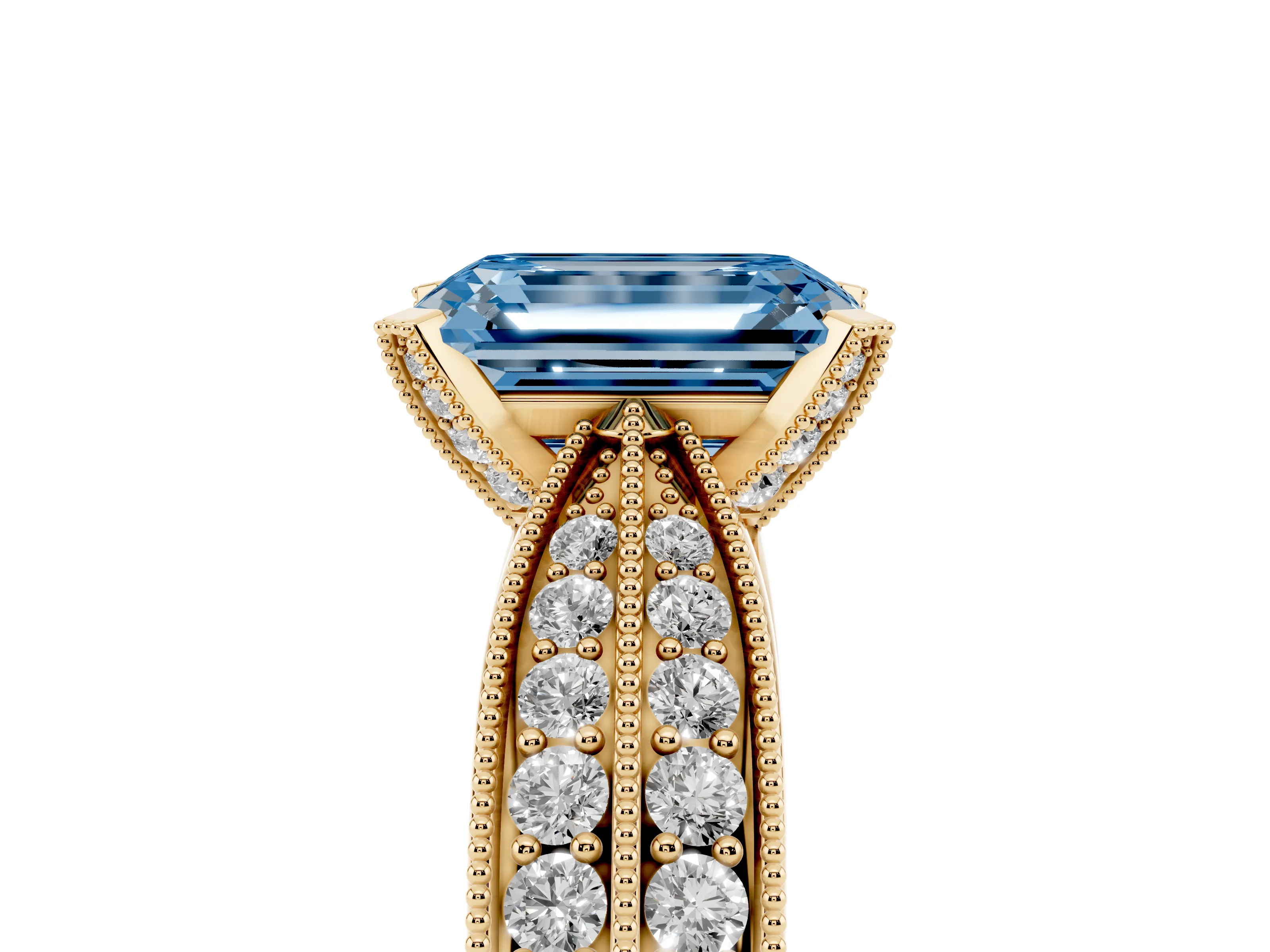 Fancy Blue Emerald Cut Diamond Solitaire Ring Set in Yellow gold with Milgrain Double Row Round Pavé Band