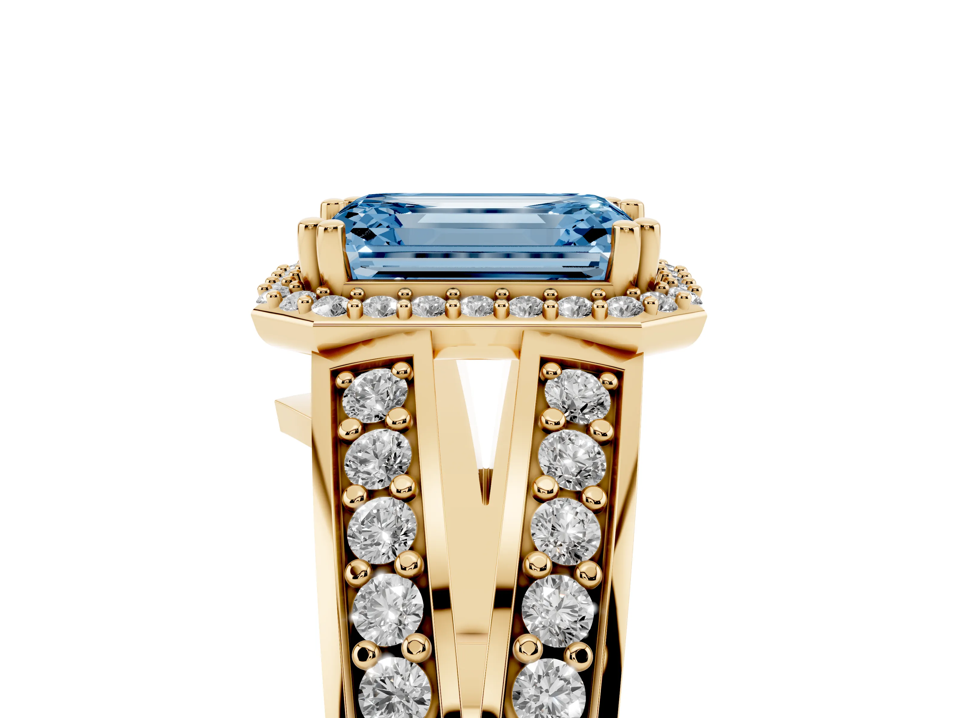 Fancy Blue Emerald Cut Diamond Halo Ring Set in Yellow gold with Double Pavé Split Shank