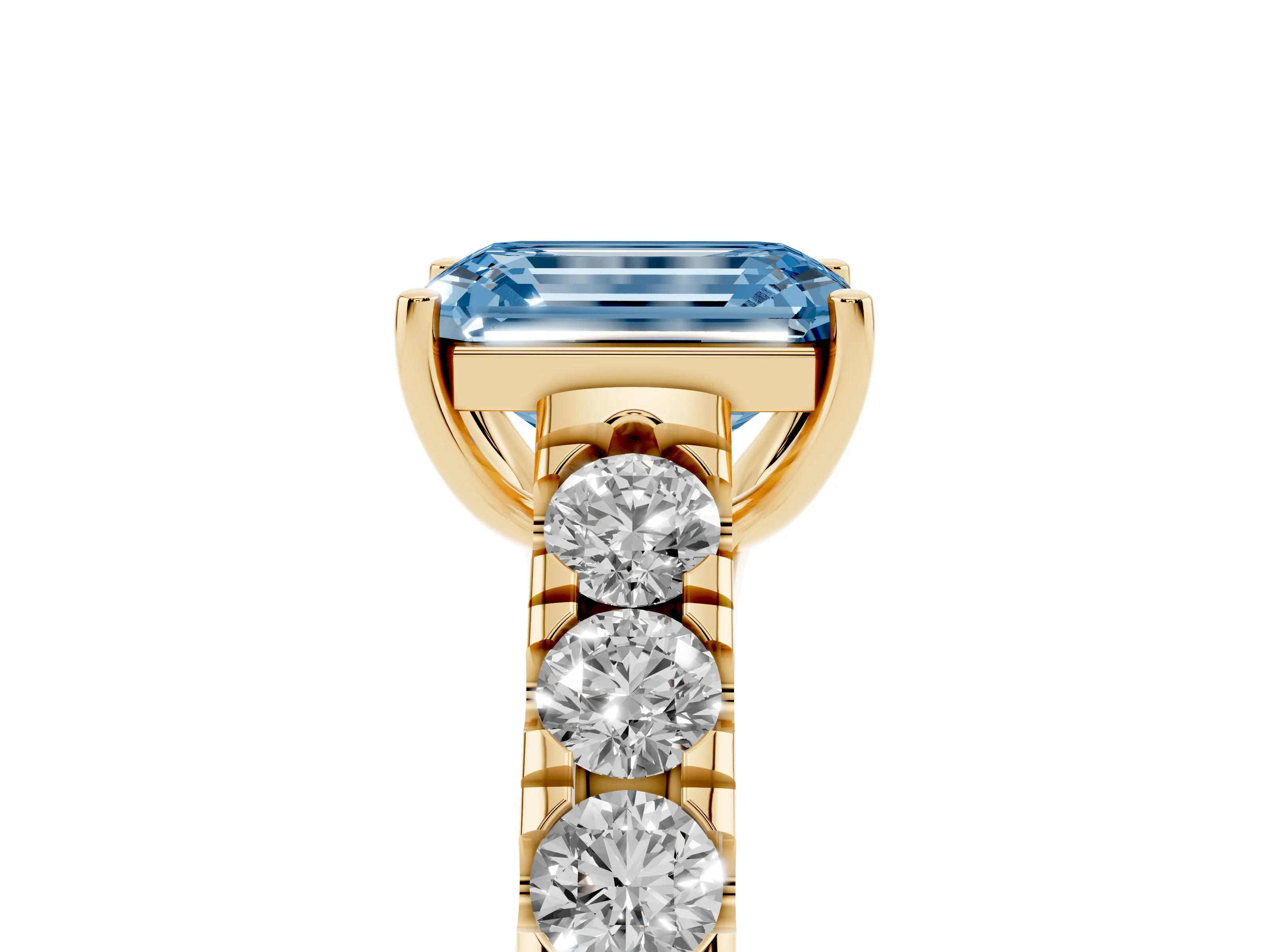 Fancy Blue Emerald Cut Diamond Solitaire Ring Set in Yellow gold with Cut-Down Micro Pavé Band and Prong Setting