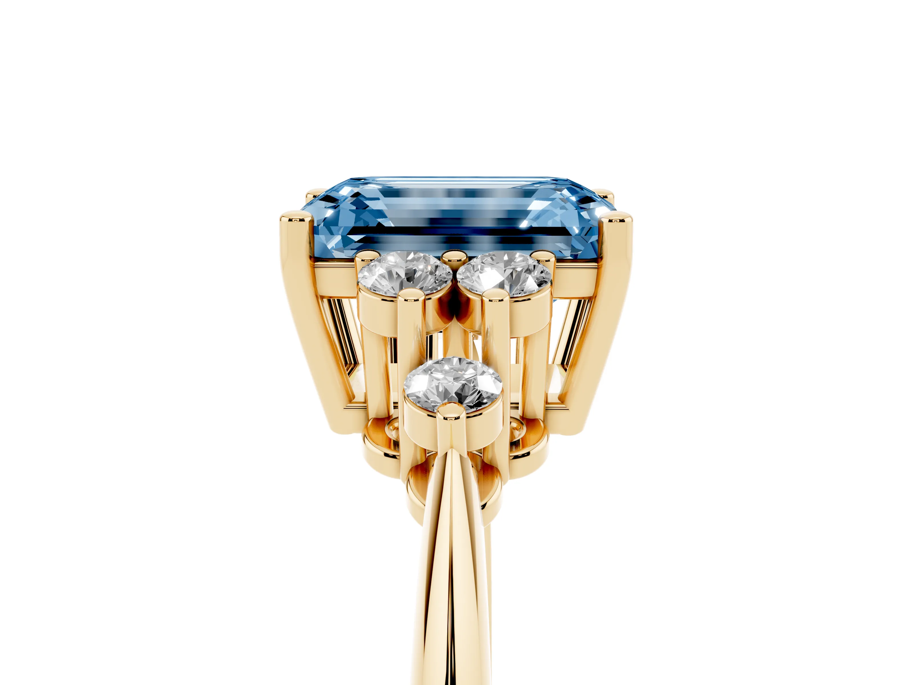 Fancy Blue Emerald Cut Diamond Cluster Ring Set in Yellow gold with Plain Band and Prong Setting