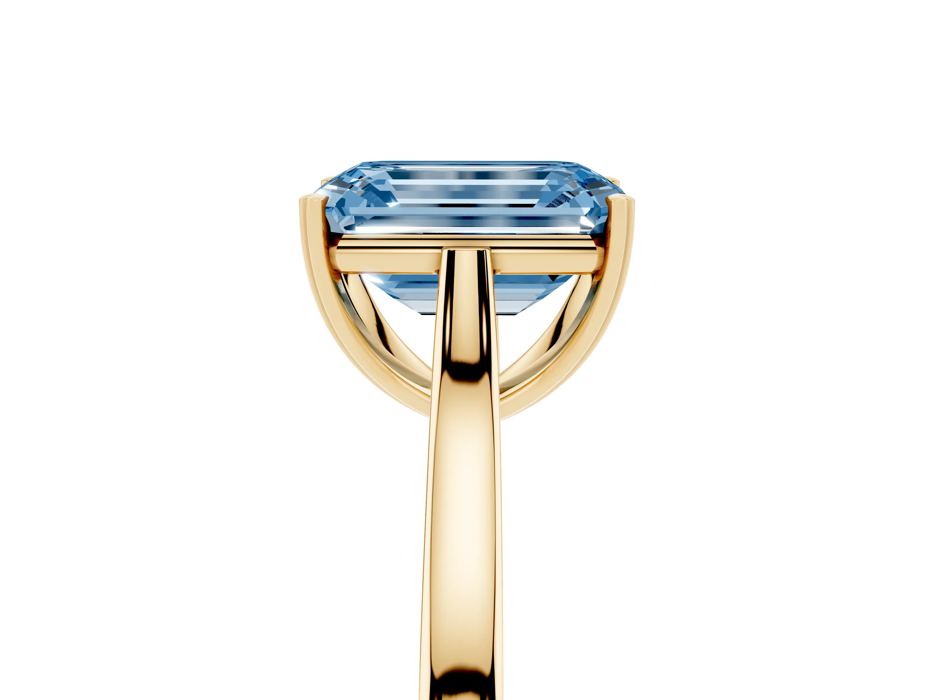 Fancy Blue Emerald Cut Diamond Solitaire Heart Prong Engagement Ring Set in Yellow gold with Tapered Band