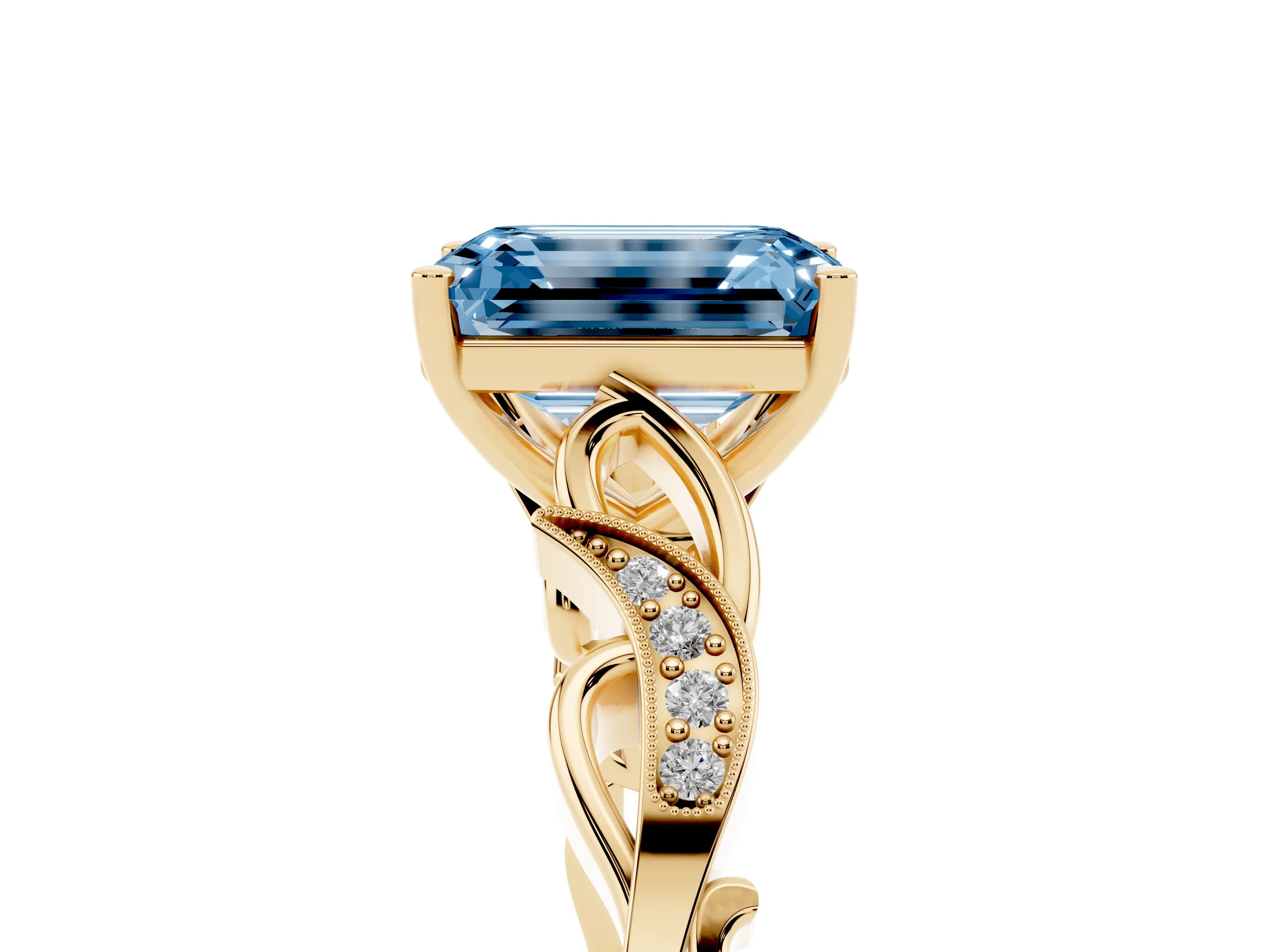 Fancy Blue Emerald Cut Diamond Vine Band Solitaire Ring Set in Yellow gold with Milgrain Prong Setting