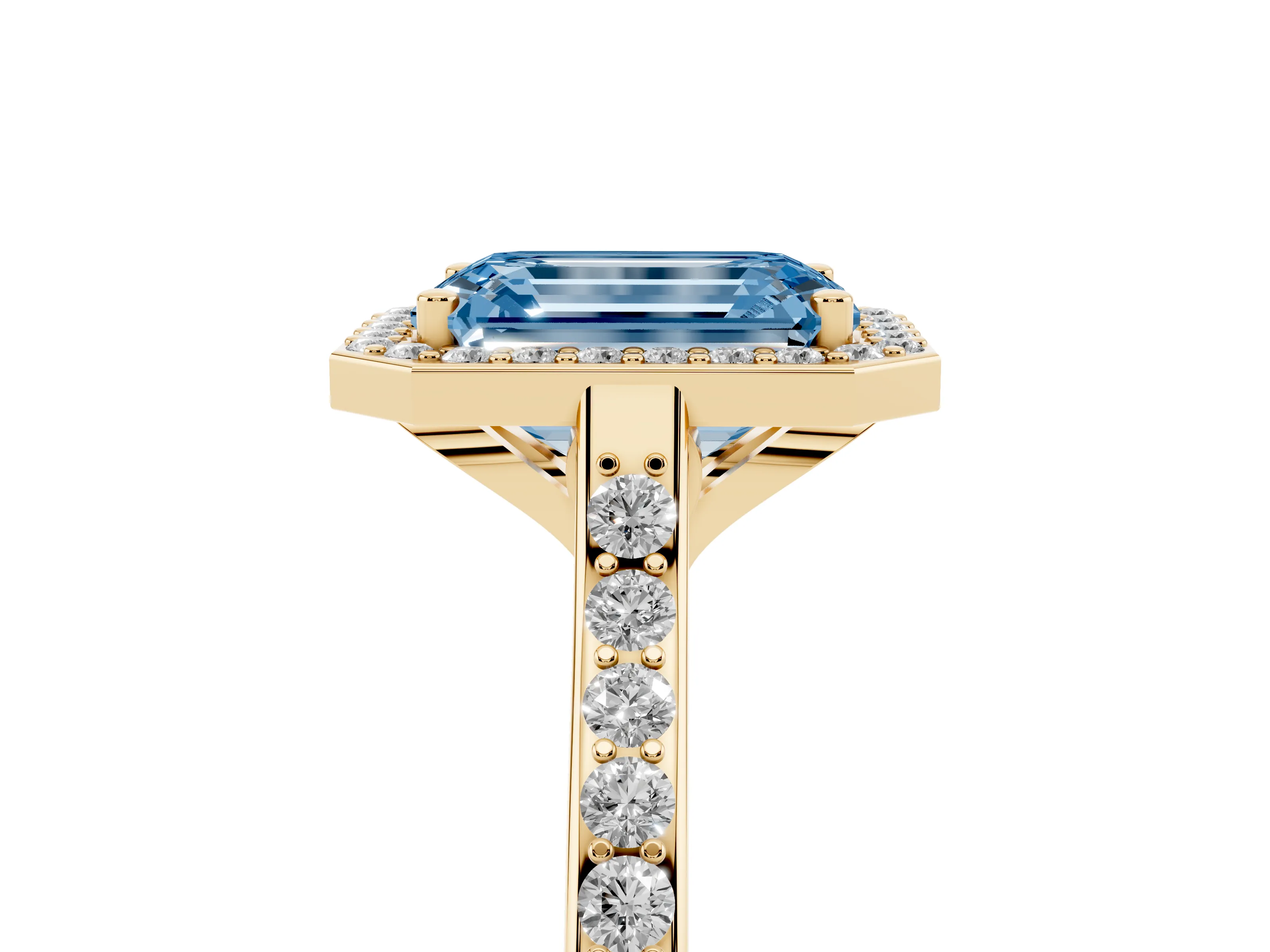 Fancy Blue Emerald Cut Diamond Halo Engagement Ring Set in Yellow gold with Round Pavé Shoulders and Heart Gallery