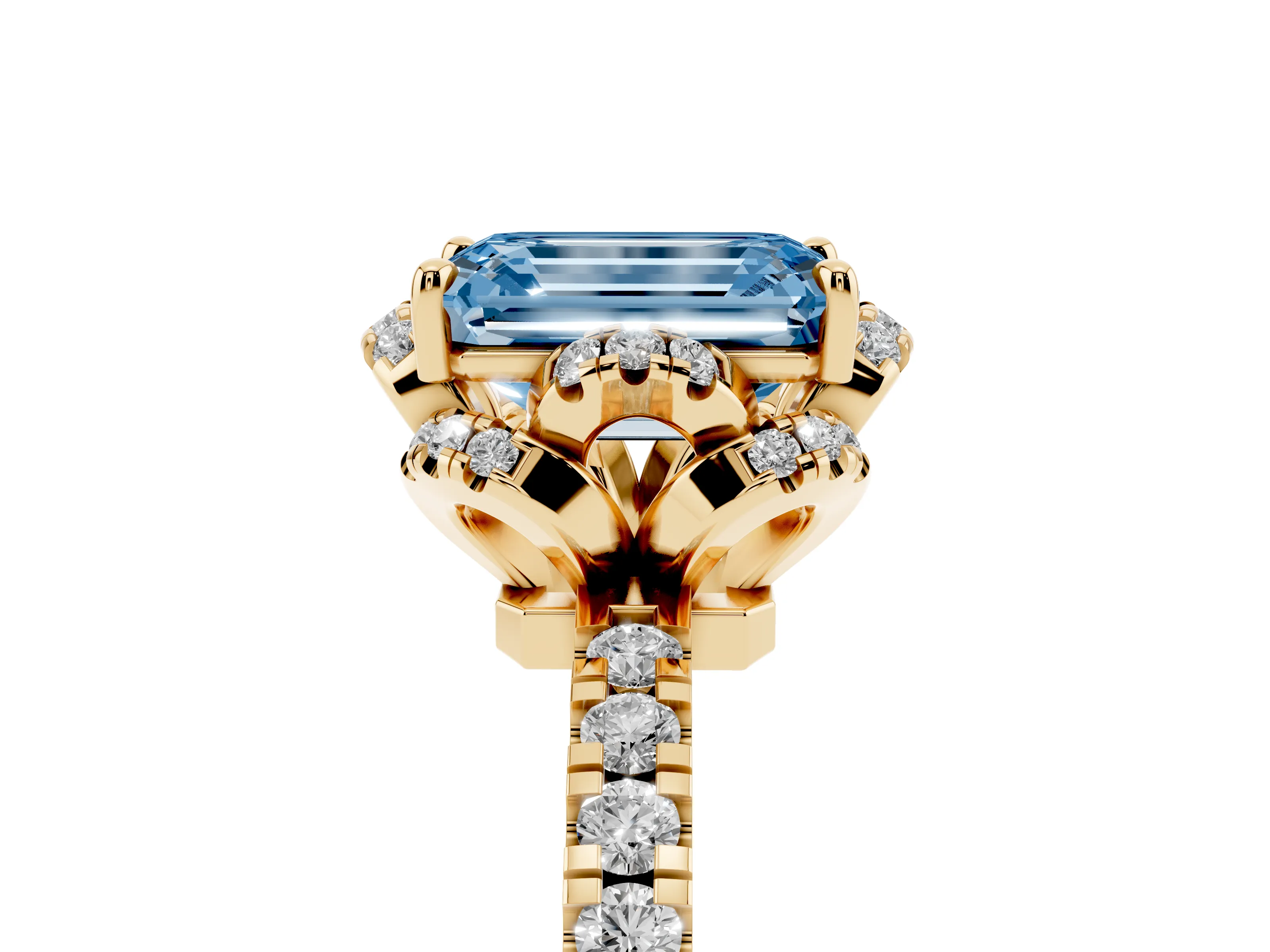 Fancy Blue Emerald Cut Diamond Halo Pavé Band Ring Set in Yellow gold with Prong-Held Center