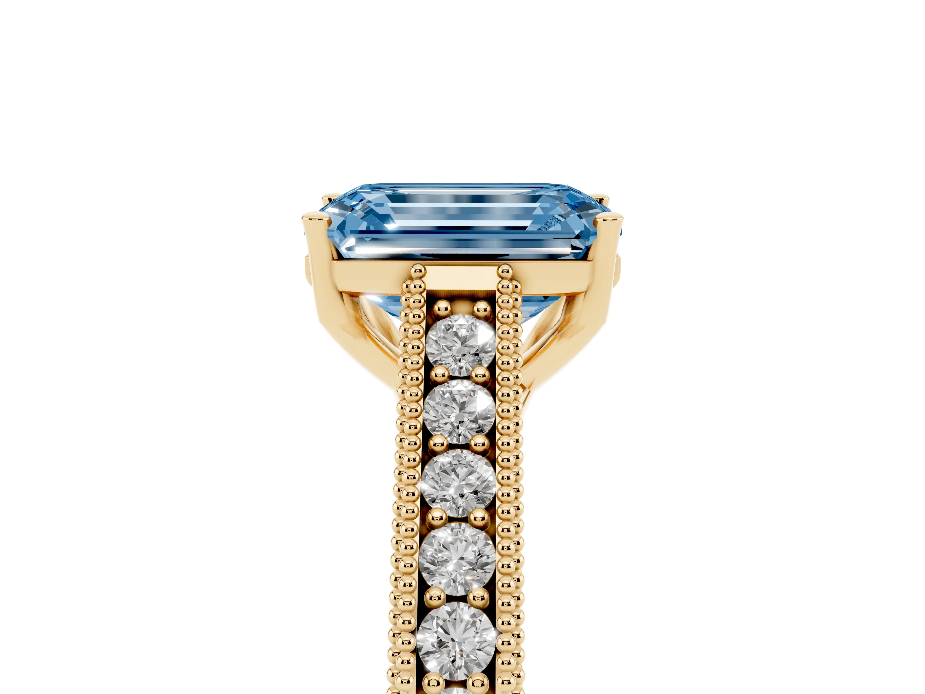 Fancy Blue Emerald Cut Diamond Milgrain Pavé Band Solitaire Ring Set in Yellow gold with Prong Setting