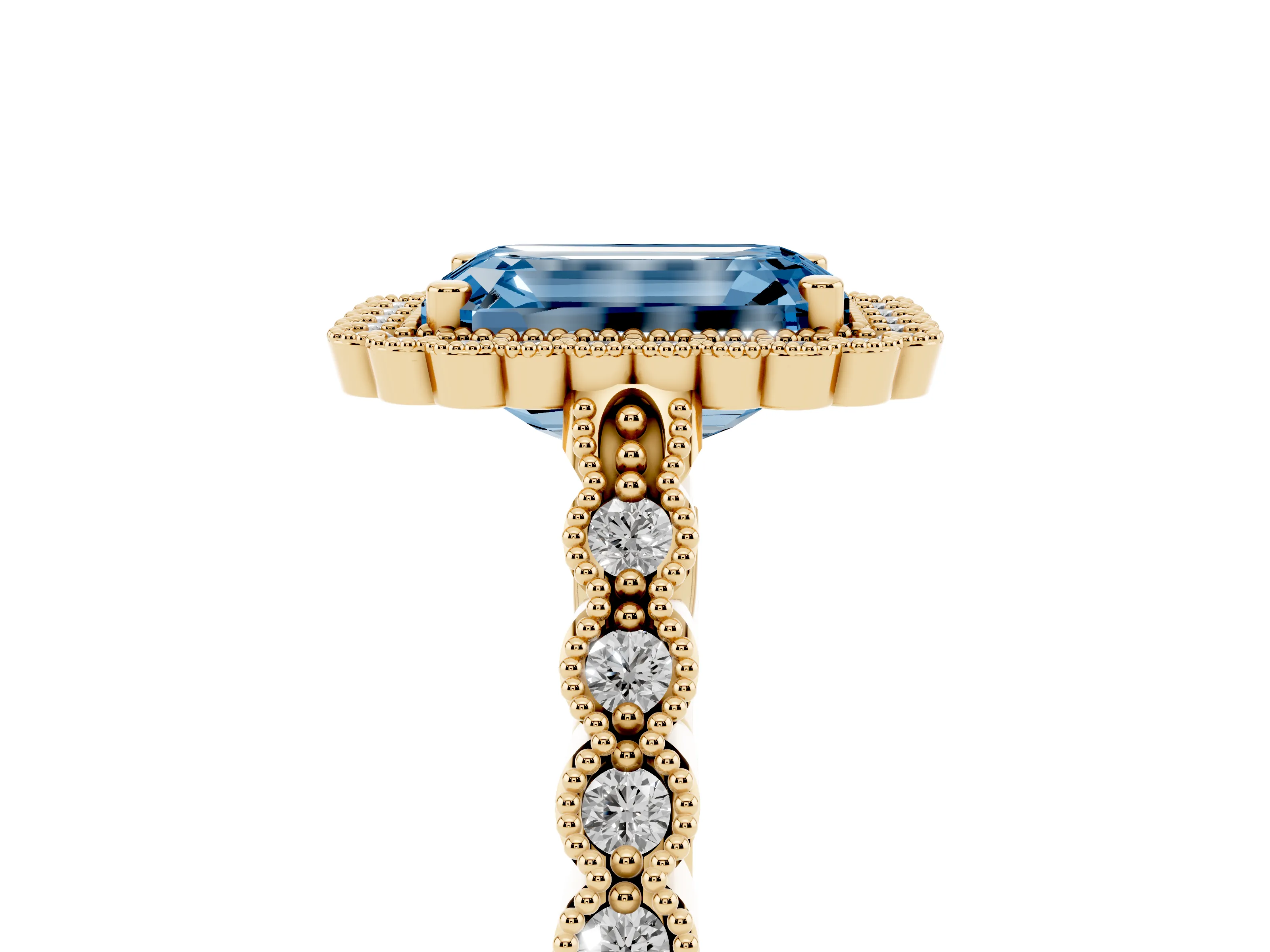 Fancy Blue Emerald Cut Diamond Halo Ring Set in Yellow gold with Pavé Milgrain Band