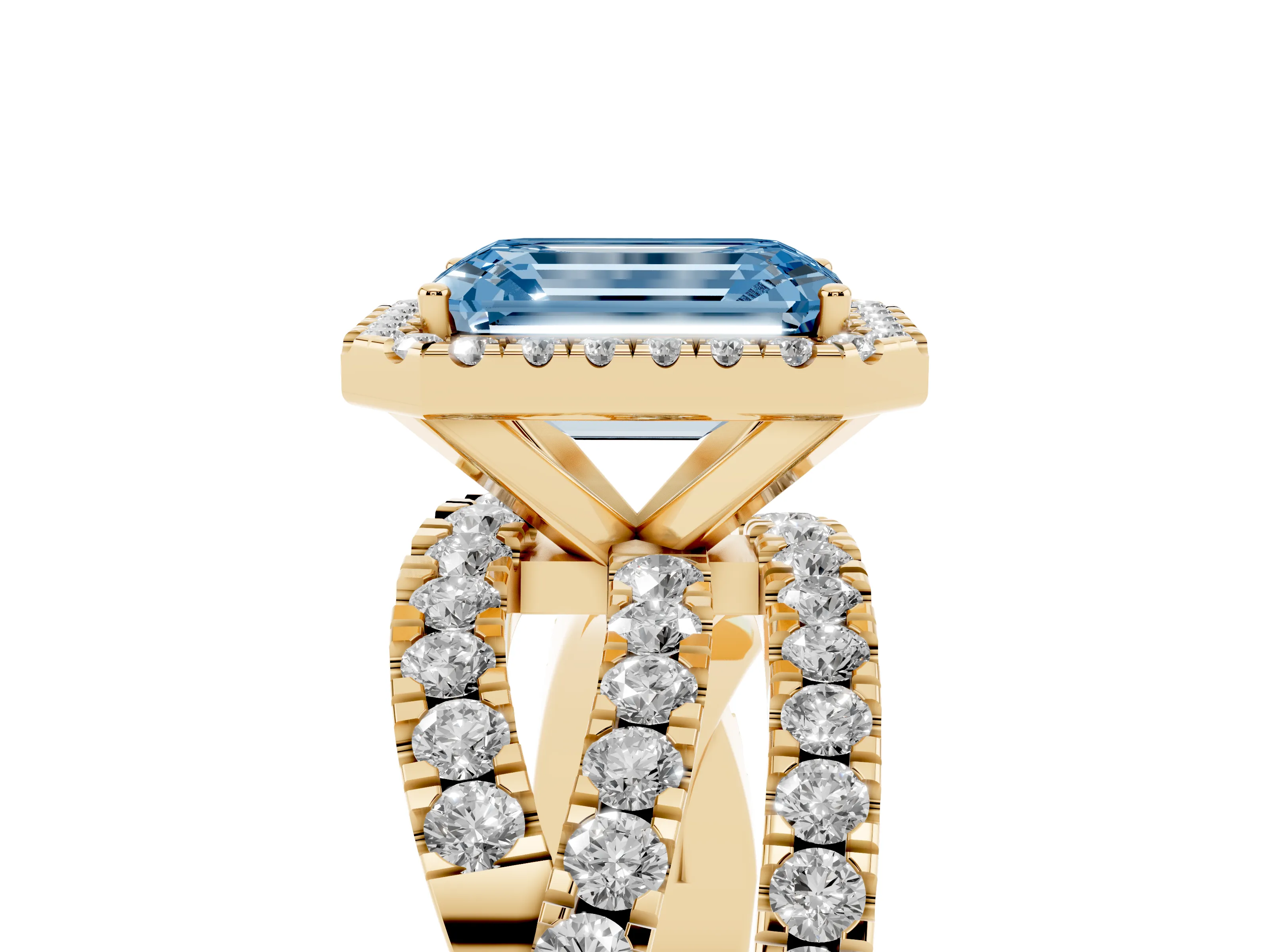 Fancy Blue Emerald Cut Diamond Halo Ring Set in Yellow gold with Round Crossover Split Shank and Prong Setting
