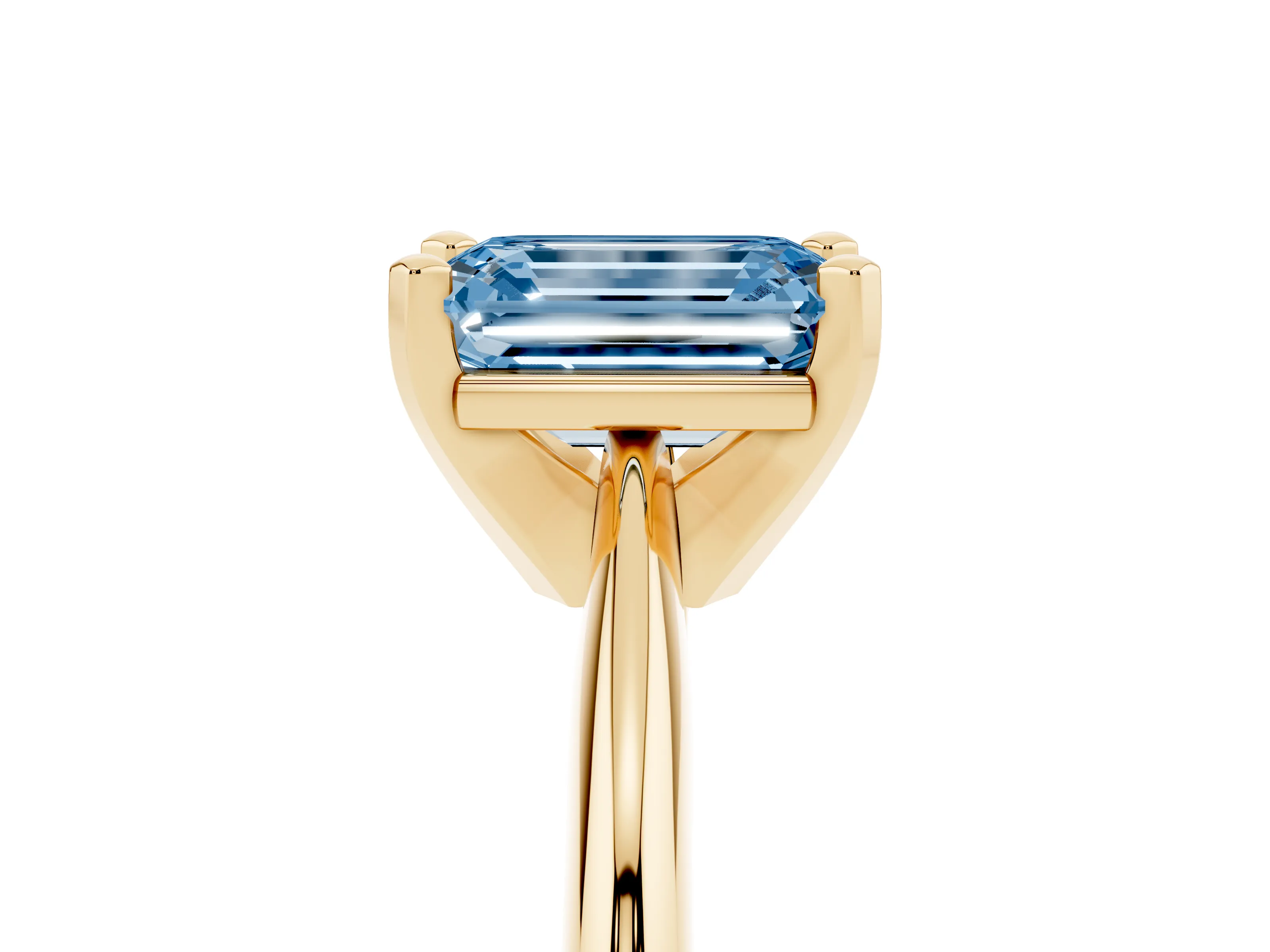 Fancy Blue Emerald Cut Diamond Solitaire Ring Set in Yellow gold with Prong Setting on a Plain Round Band