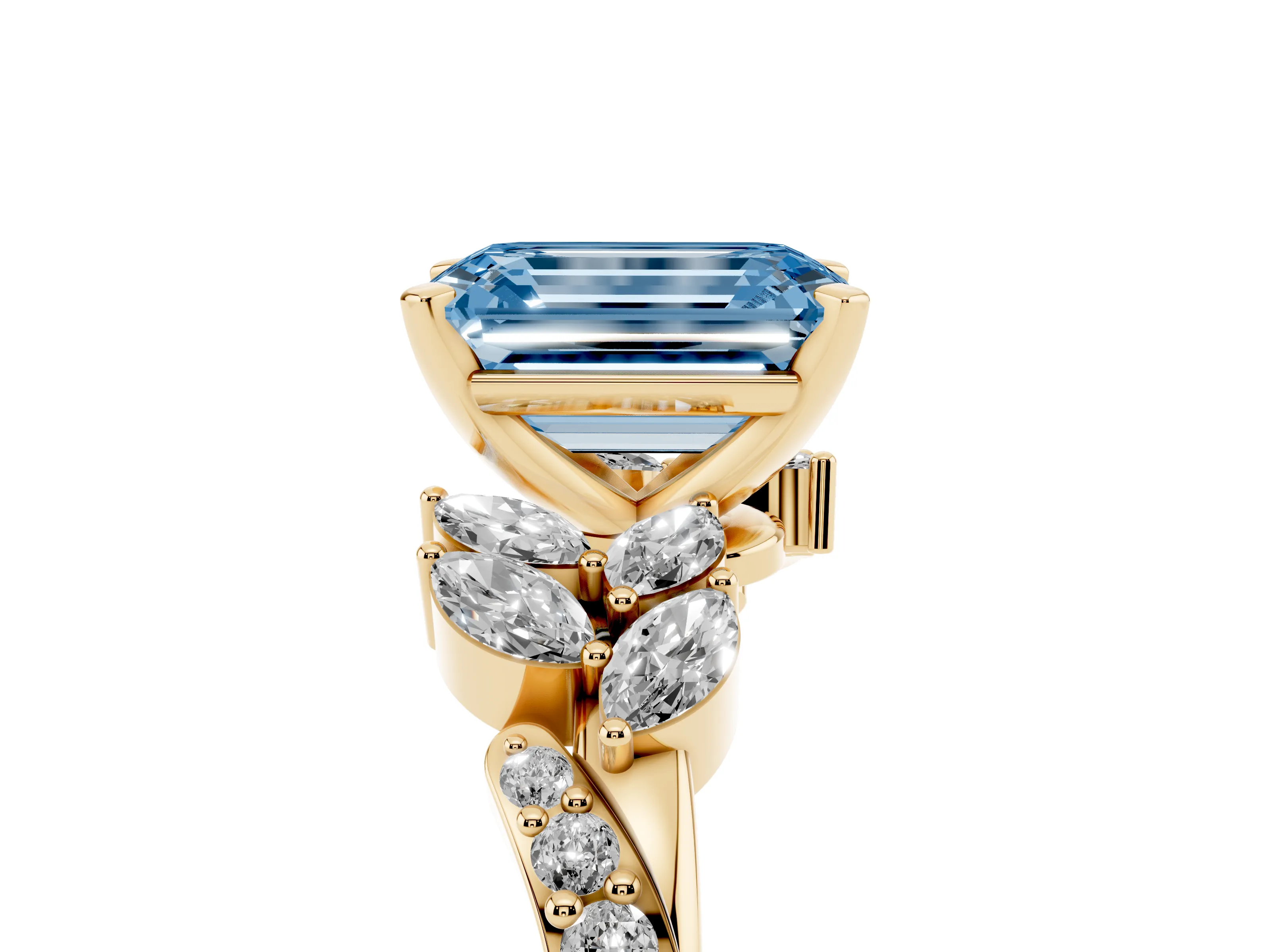 Fancy Blue Emerald Cut Diamond Solitaire Ring Set in Yellow gold with Marquise Twist Band and Prong Setting