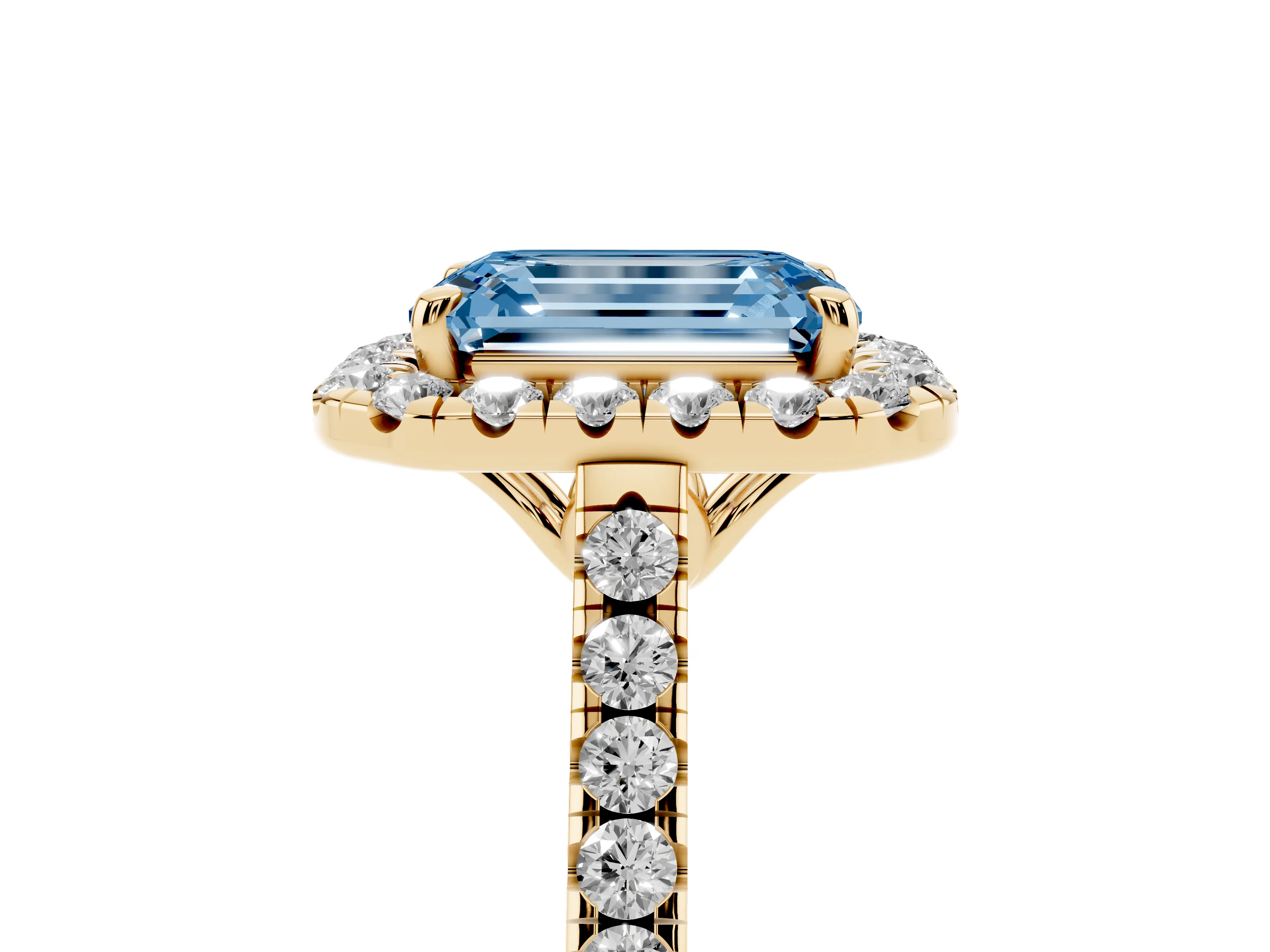 Fancy Blue Emerald Cut Diamond Pavé Halo Engagement Ring Set in Yellow gold with Pavé Band and Prong Setting