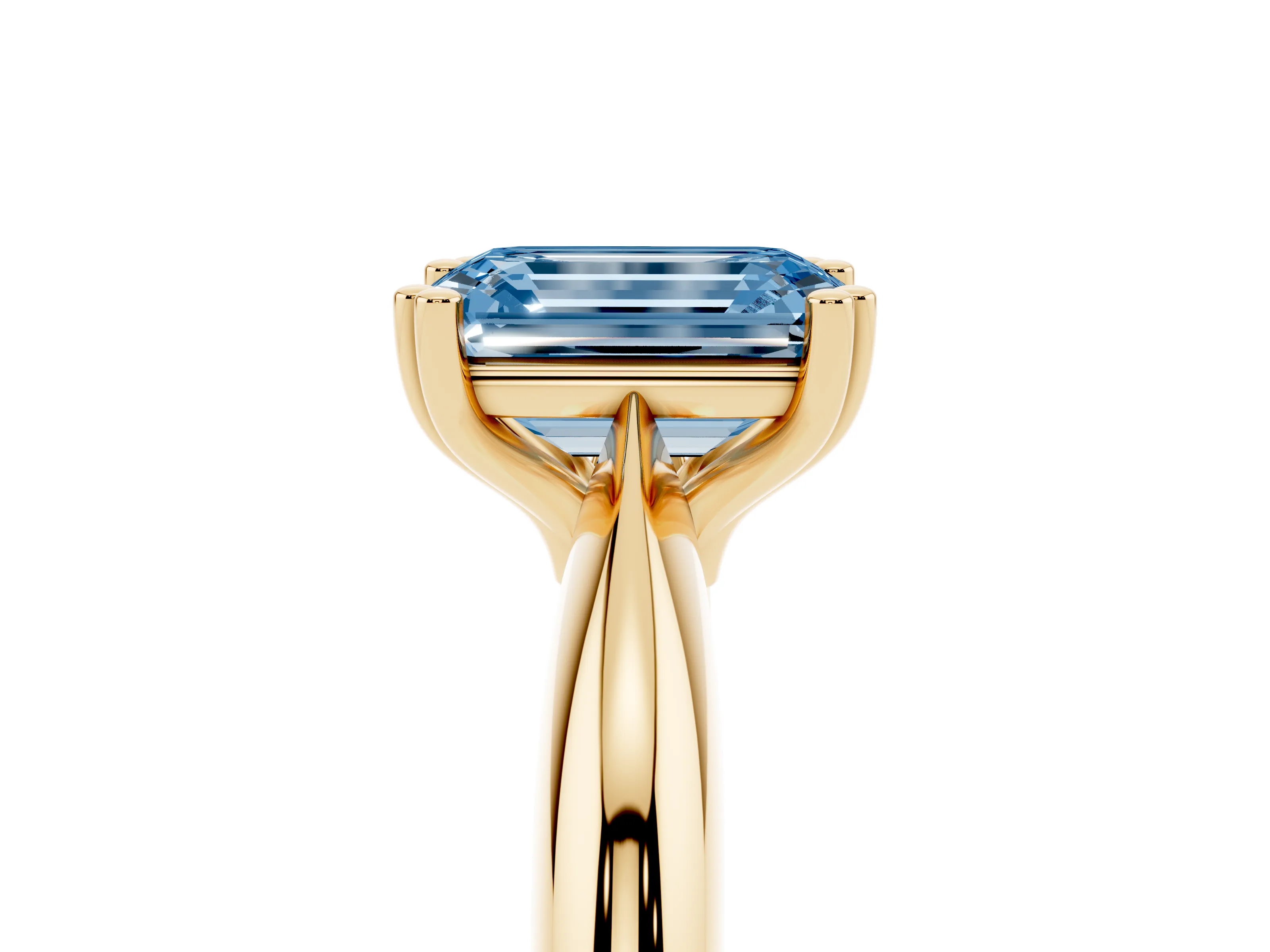 Fancy Blue Emerald Cut Diamond Solitaire Engagement Ring Set in Yellow gold with Tapered Band and Prong Setting