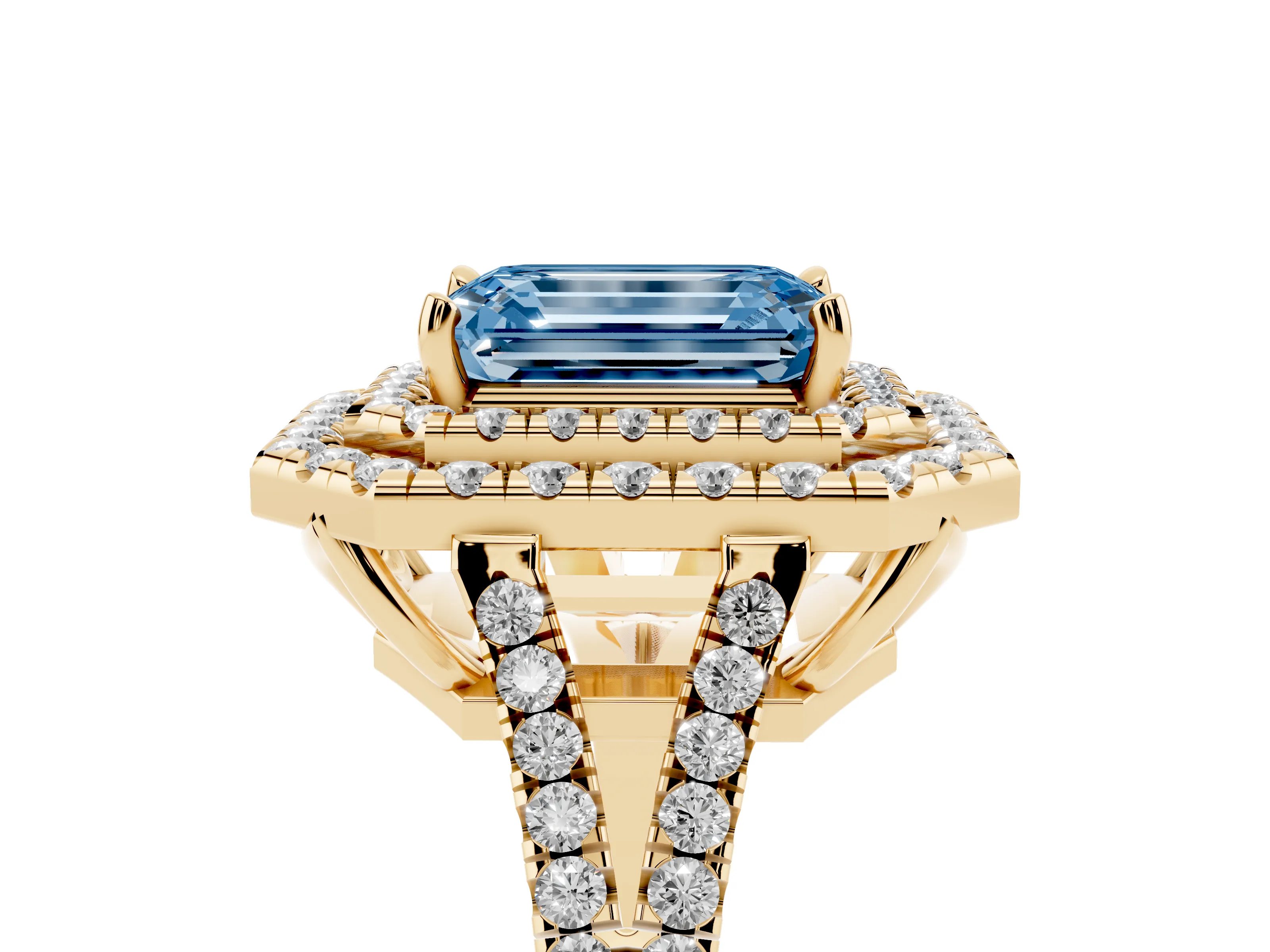 Fancy Blue Emerald Cut Diamond Double Halo Ring Set in Yellow gold with Pavé Band