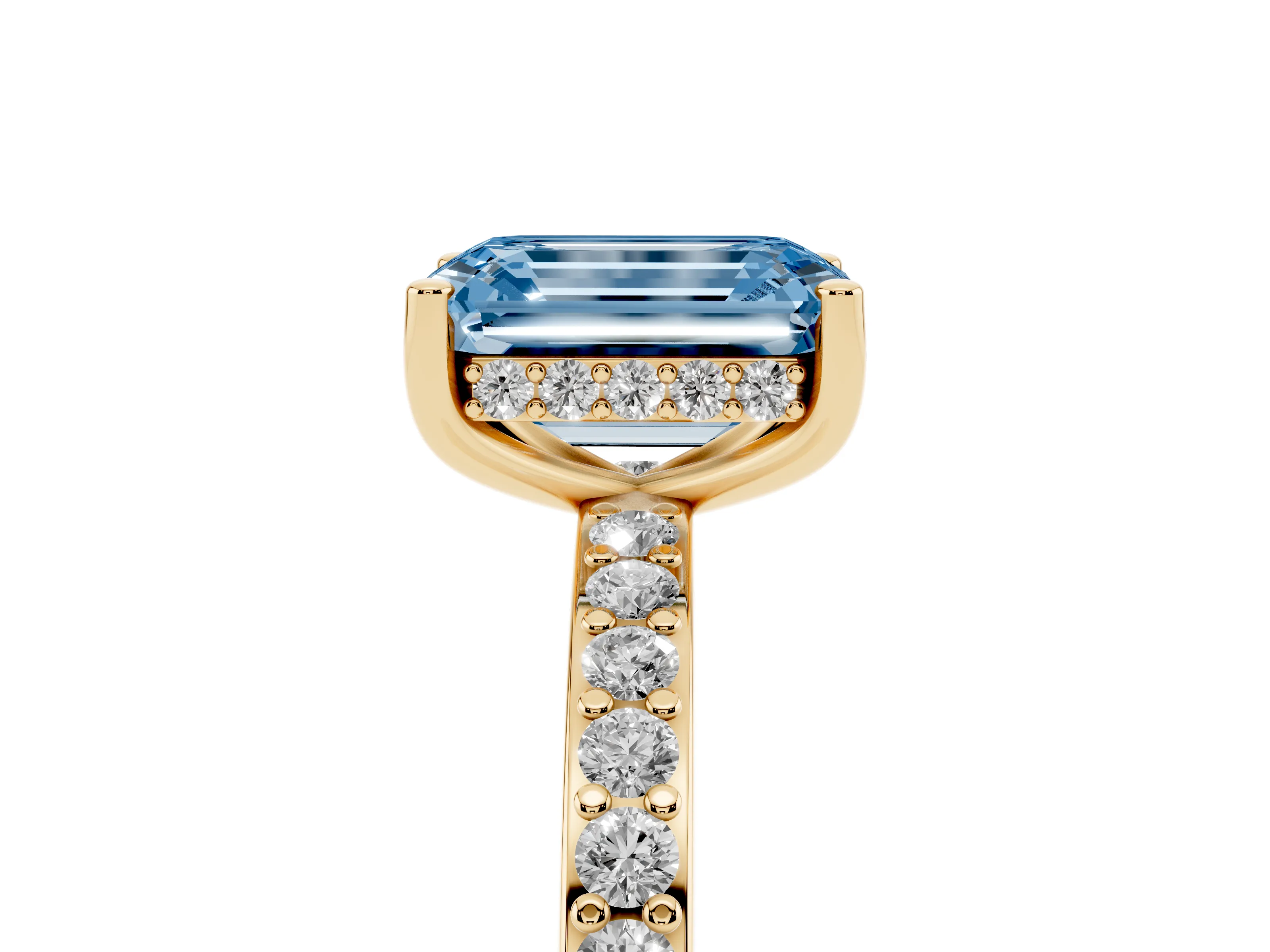 Fancy Blue Emerald Cut Diamond Pavé Band Ring Set in Yellow gold with Prong-Set Center Stone