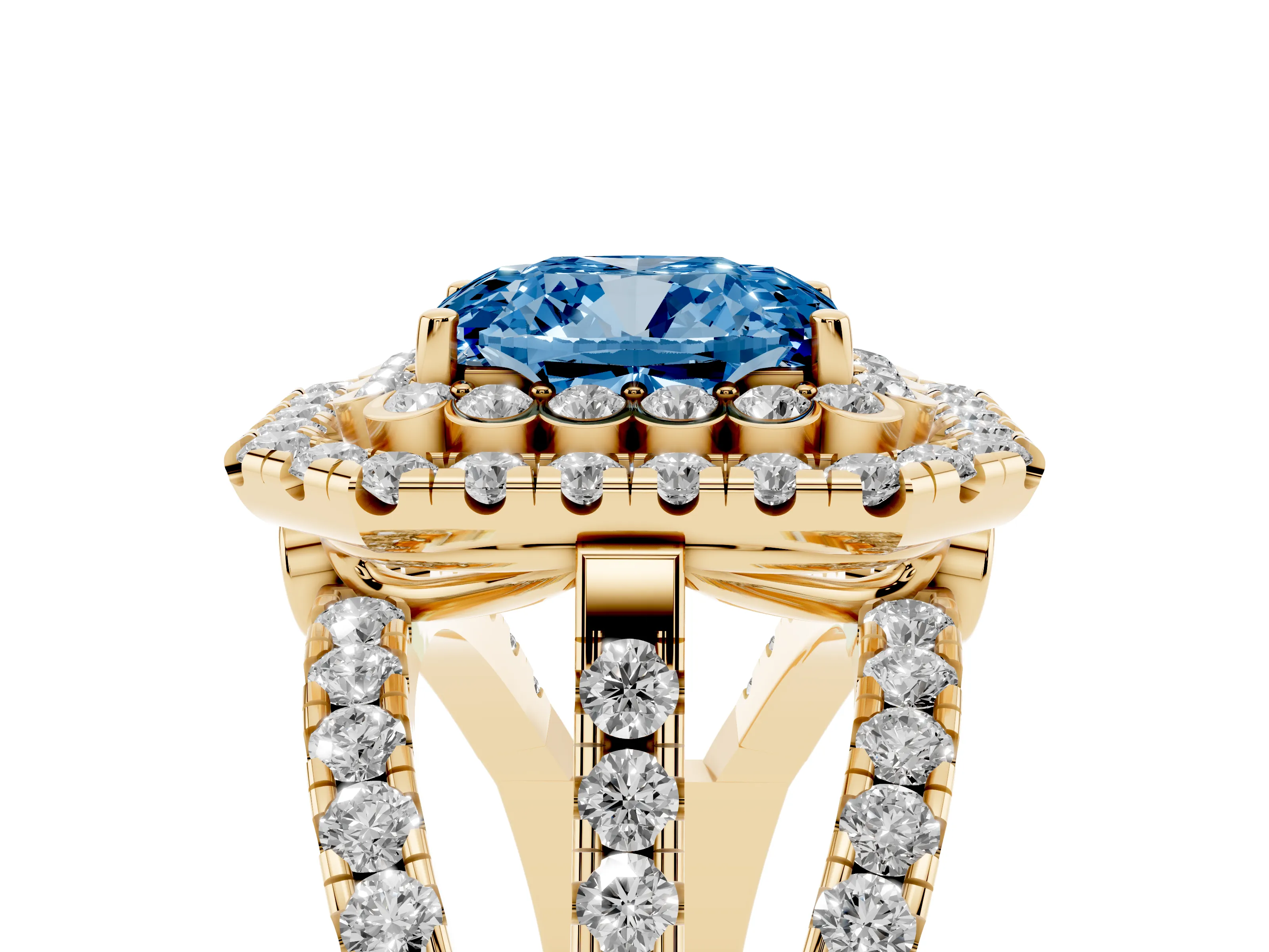 Fancy Blue Emerald Cut Diamond Double Halo Ring Set in Yellow gold with Round Pavé Split Shank