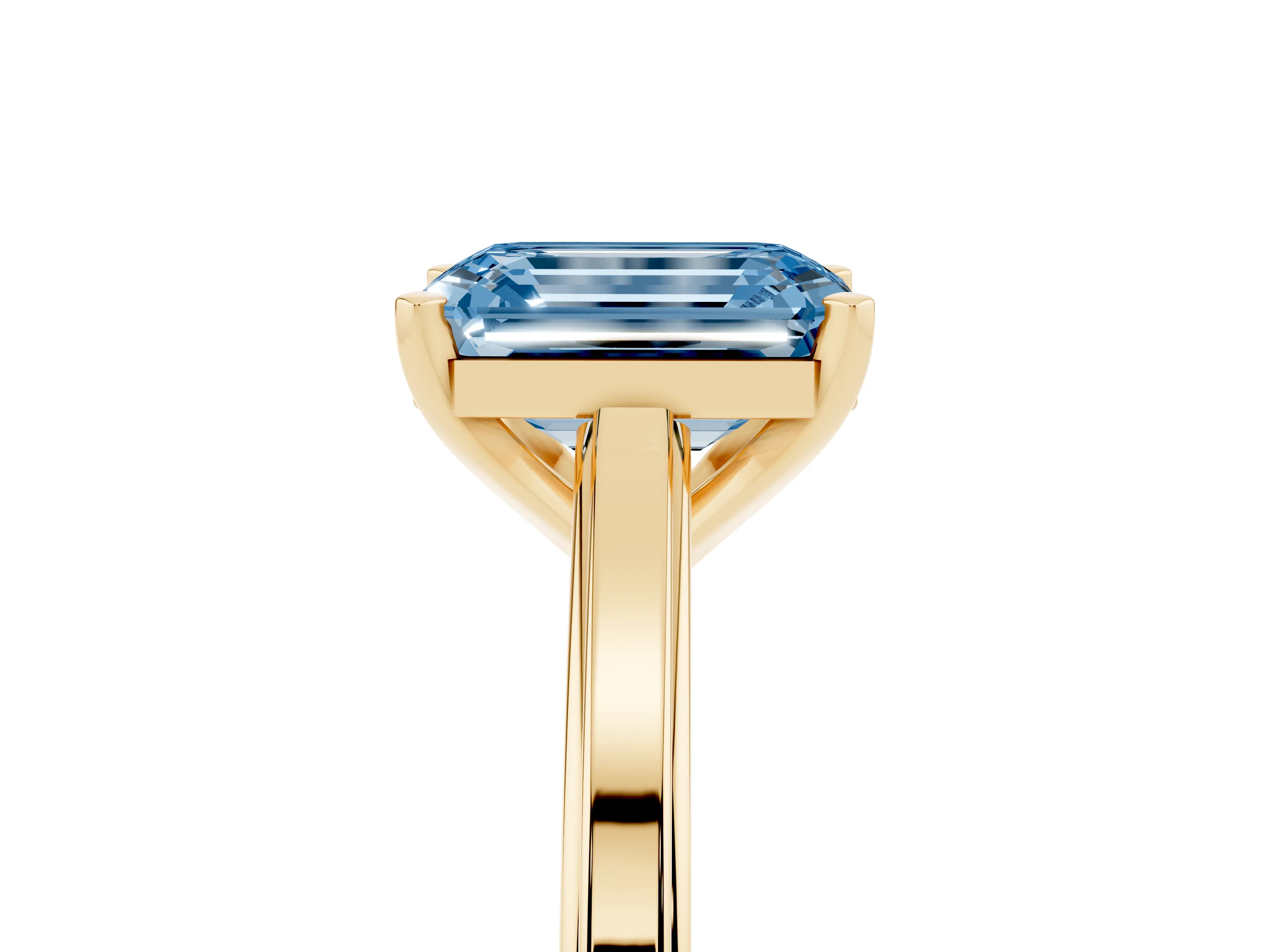 Fancy Blue Emerald Cut Diamond Solitaire Ring Set in Yellow gold with Prong Setting and Classic Band