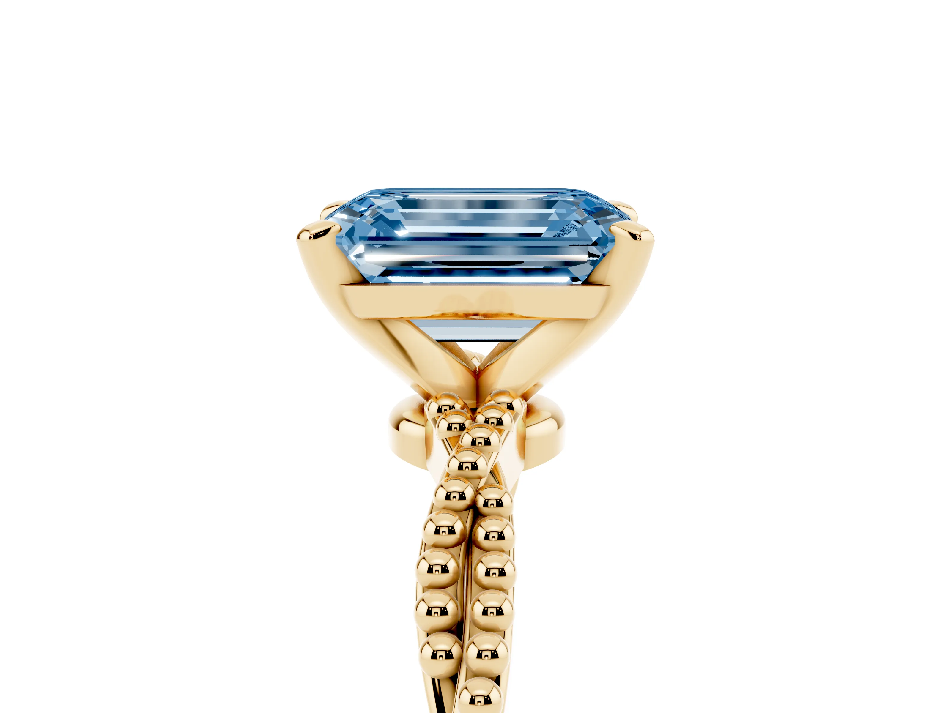 Fancy Blue Emerald Cut Diamond Solitaire Ring Set in Yellow gold with Twisted Band and Bead Prong Setting