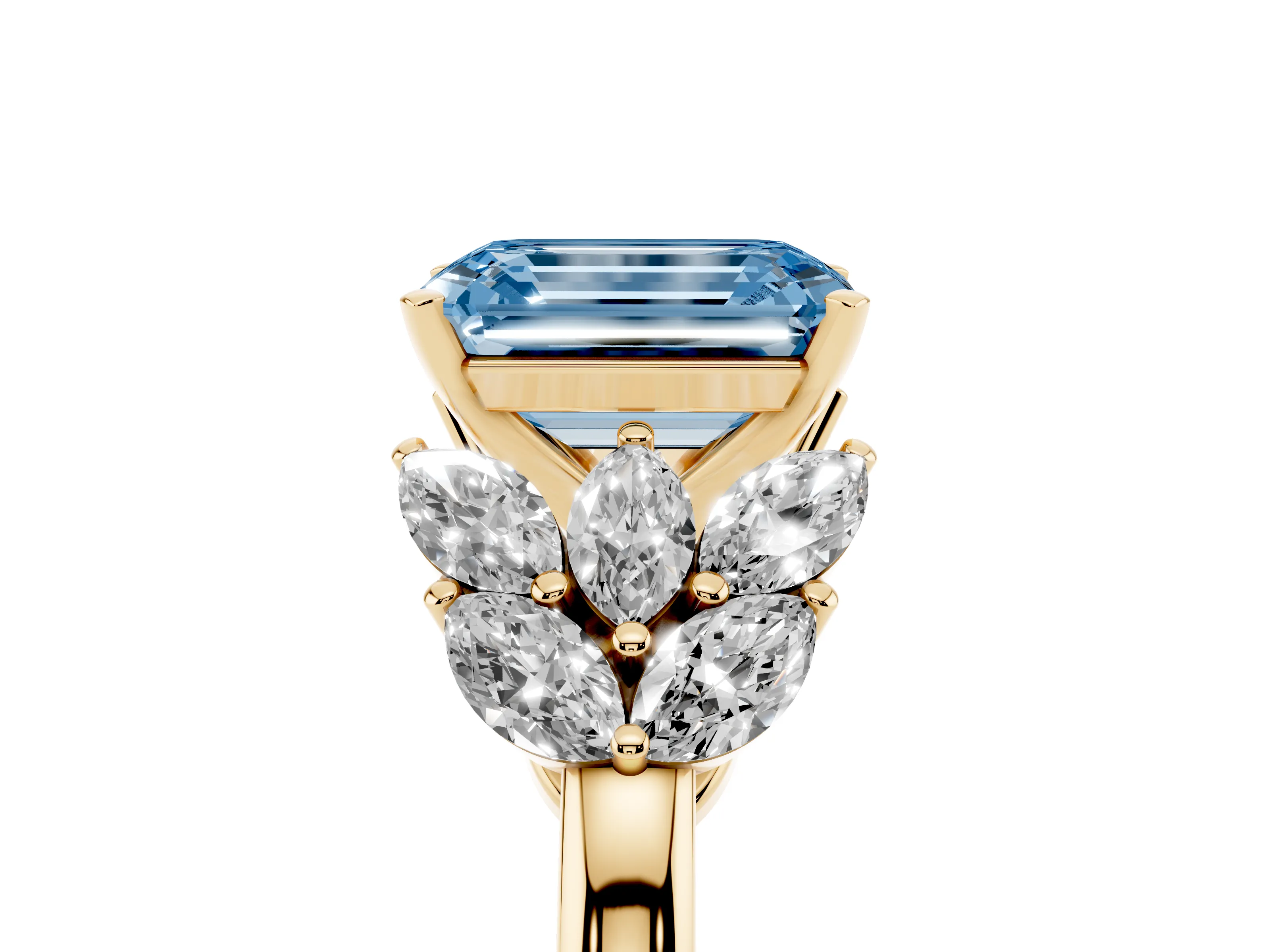 Fancy Blue Emerald Cut Diamond Cluster Leaf Design Ring Set in Yellow gold with Prong Setting