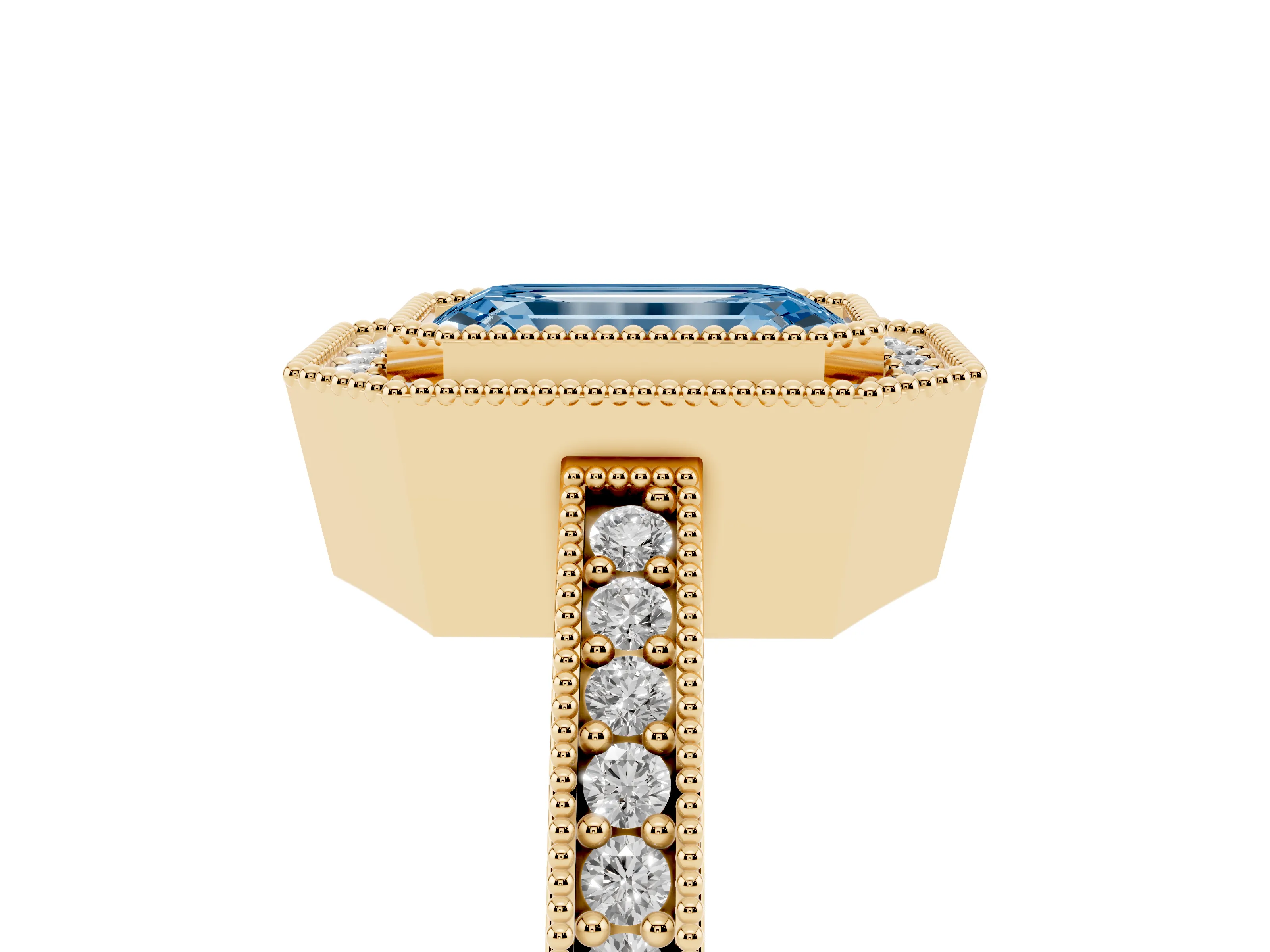 Fancy Blue Emerald Cut Diamond Halo Engagement Ring Set in Yellow gold with Pavé Band and Round Halo Stones