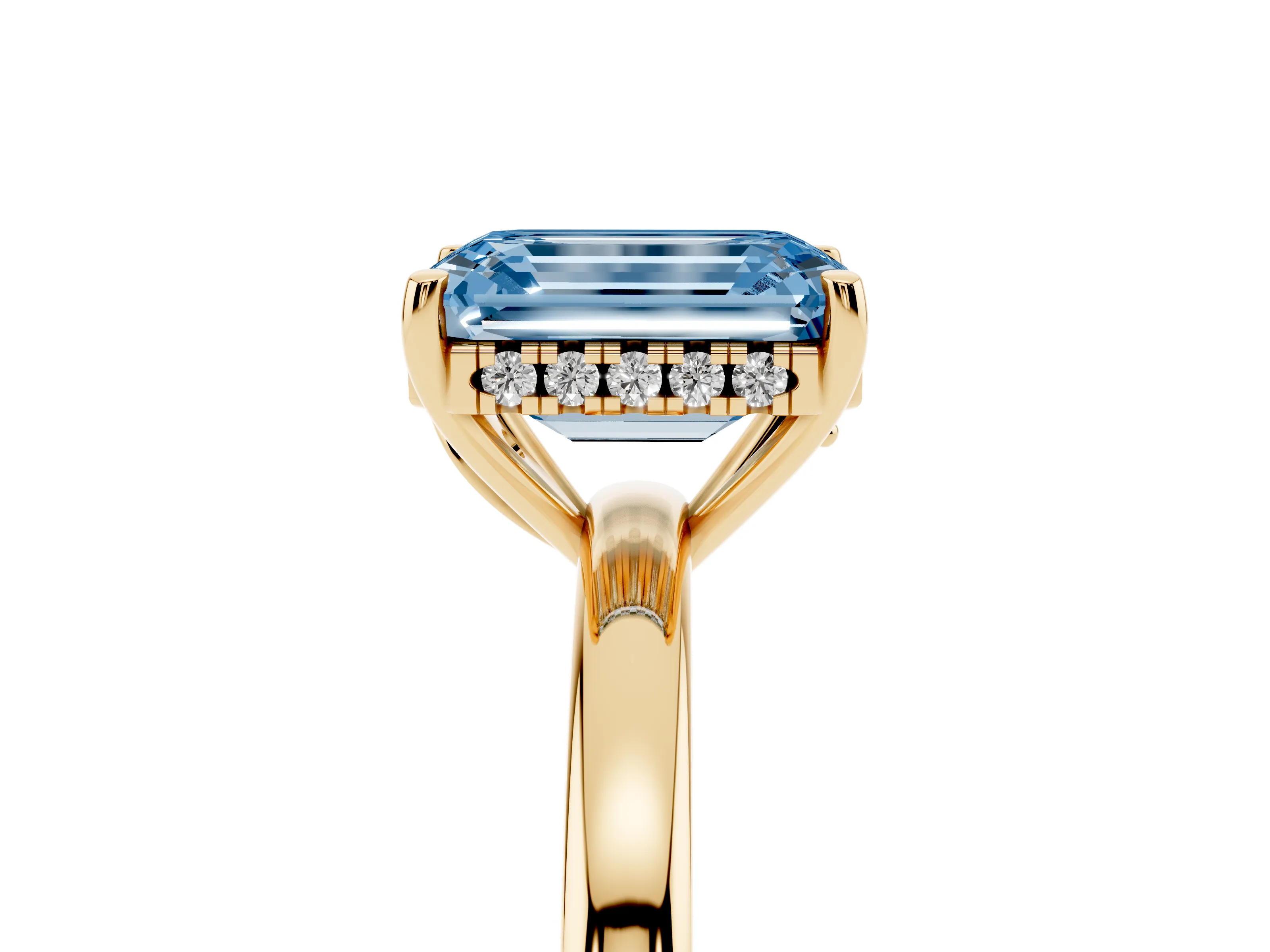 Fancy Blue Emerald Cut Diamond Solitaire Ring Set in Yellow gold with Plain Band and Prong Setting