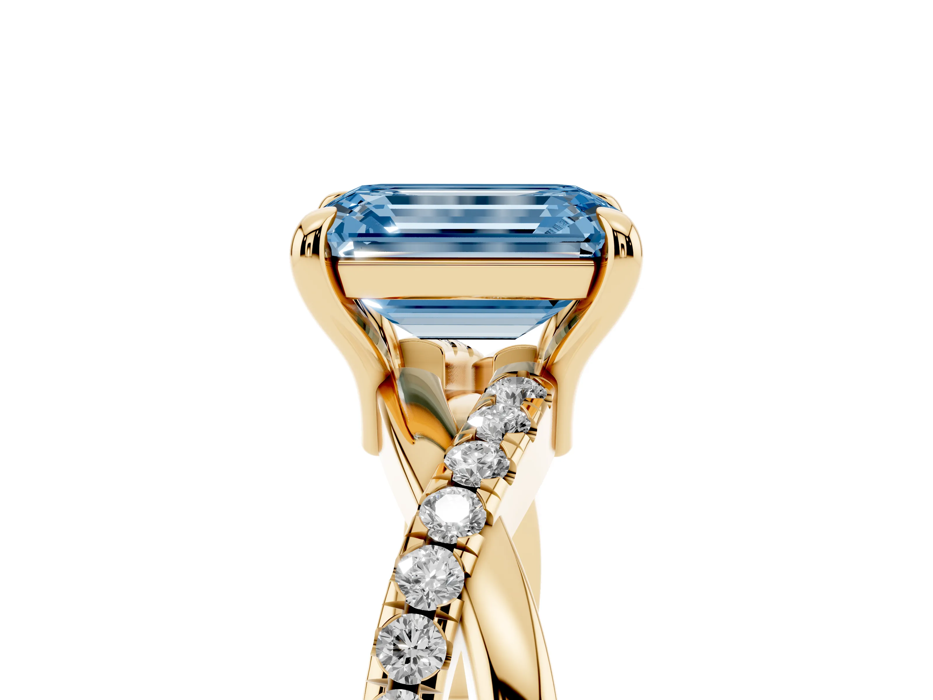 Fancy Blue Emerald Cut Diamond Twist Band Pavé Solitaire Ring Set in Yellow gold with Prong Setting